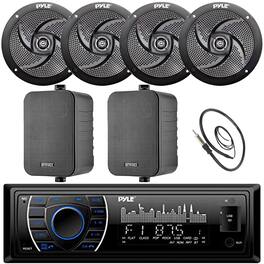 Pyle - PLRMR27BTB Single DIN BT Marine Stereo Receiver w/ Remote, 4x 5.25" Speakers, 2x 4" Speakers (Black), Antenna