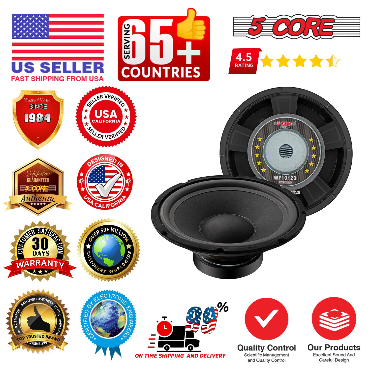Sure, here is the corrected and grouped text from the image:

---

**US SELLER**  
FAST SHIPPING FROM USA

**5 CORE**  
SERVING 65+ COUNTRIES

**4.5 RATING**

**Trusted Form SINCE 1984**

**SELLER VERIFIED**  
USA CALIFORNIA

**DESIGNED IN USA CALIFORNIA**

**SATISFACTION GUARANTEED**

**5 CORE**  
Authentic

**30 DAYS WARRANTY**

**OVER 50+ MILLION CUSTOMERS WORLDWIDE**

**SATISFIED CUSTOMERS IN % NOWTIN EZNBAO OVER2ZN**

**TOP TRUSTED BRAND**

**ON TIME SHIPPING AND DELIVERY**

**Quality Control**  
Scientific Management and Quality Control

**Our Products**  
Excellent Sound And Careful Design

**%**

**L**

---

This text is organized to reflect the information and badges shown in the image.