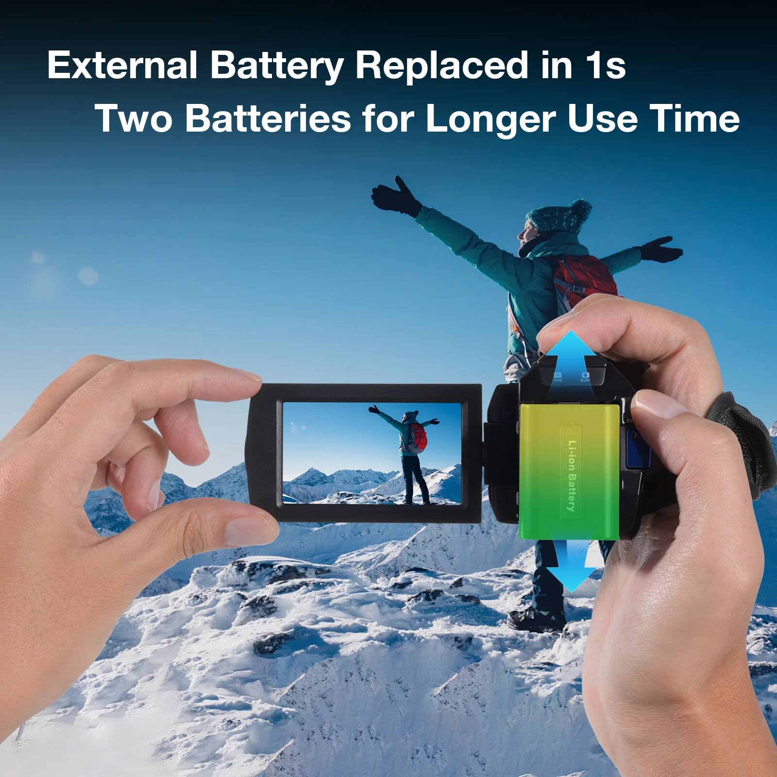 External Battery Replaced in 1s  
Two Batteries for Longer Use Time