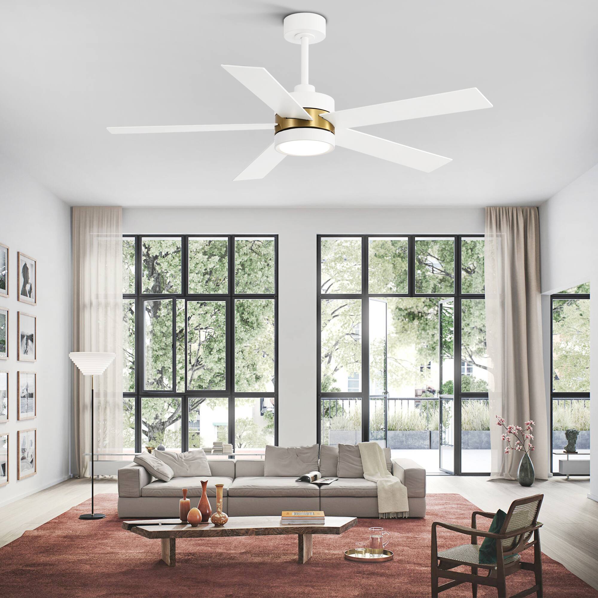 Back. Breezary - 52-In Indoor Ceiling Fan with Led Light, 5 Plywood Blades, 6-Speed DC Motor, Remote, Timer with Memory, 5/10'' Downrods - White and Gold.