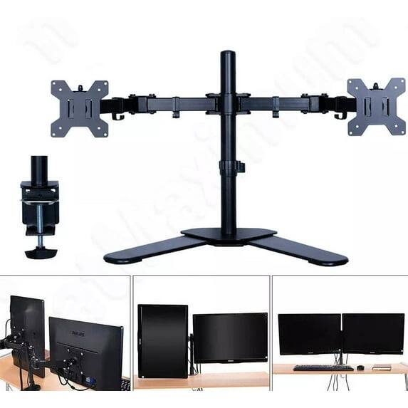 Left. Cables Direct Online - Dual Desk Monitor Stand for 17"–27" Monitors, Heavy-Duty Freestanding Mount with Tilt & Swivel, VESA Compatible - Black.