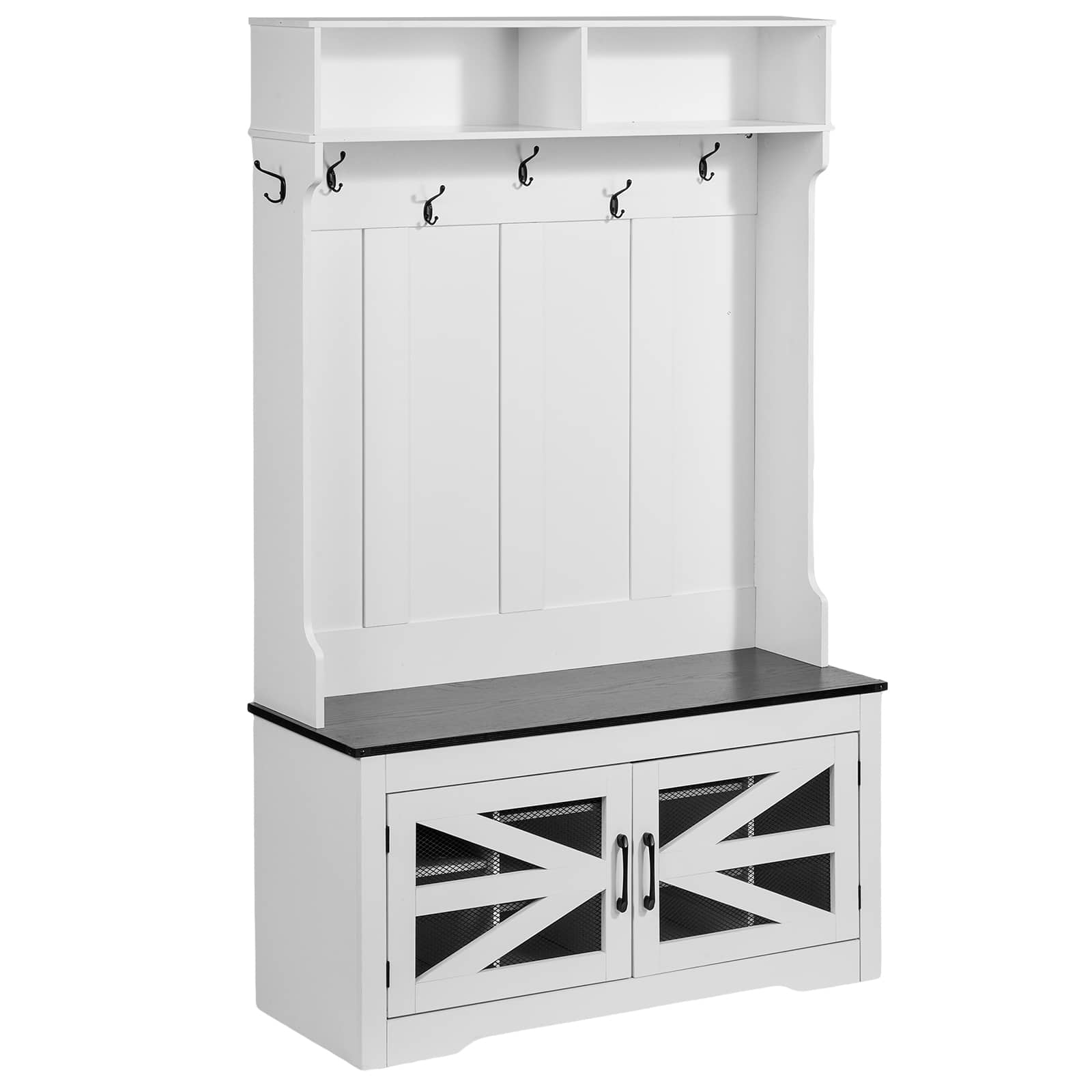 Front. VEVOR - Hall Tree Entryway Bench, LED Coat Rack with Shoe Storage, 42" Wide Mudroom bench with Storage and Seating - Body: White; Seat Board: Black.