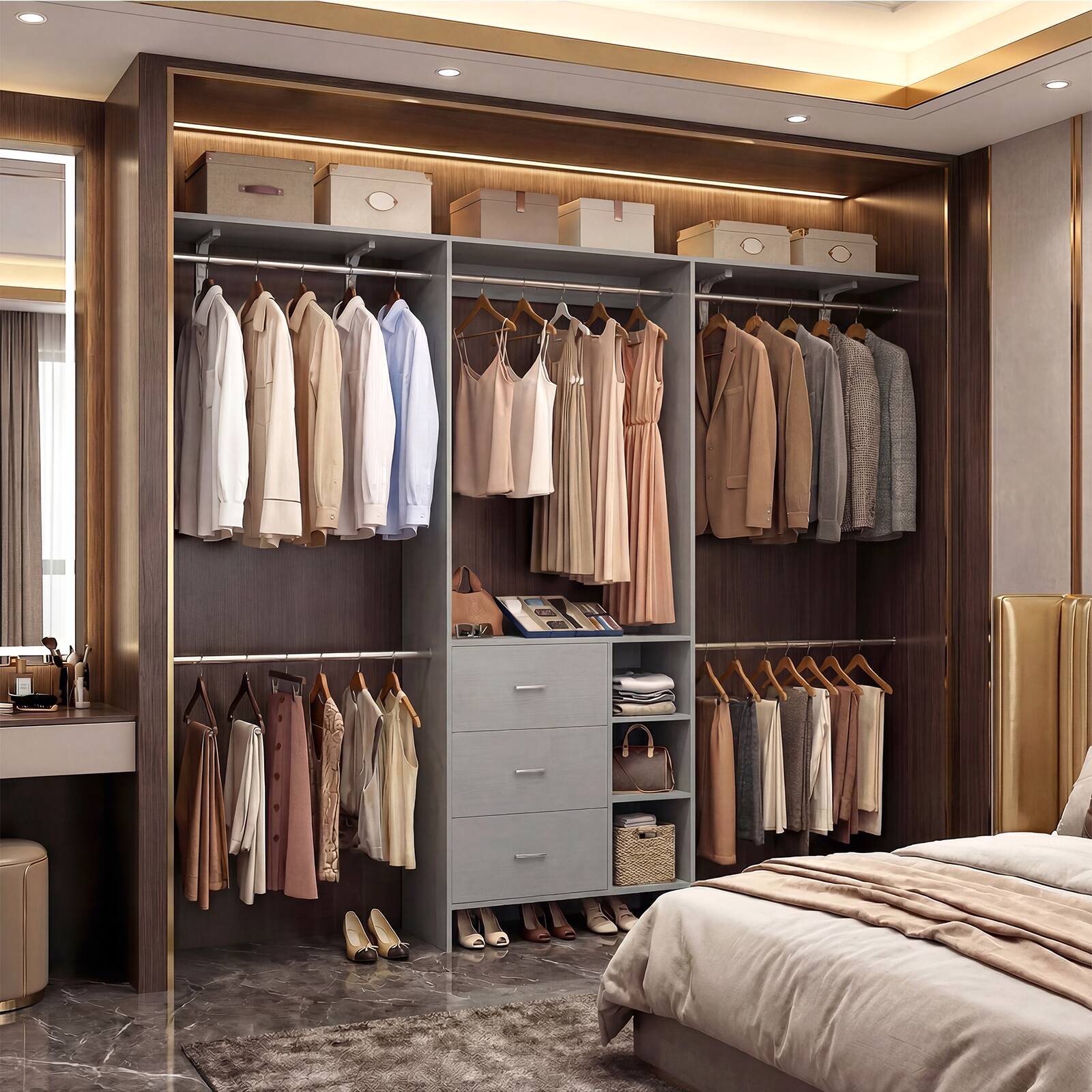 Left. Aheaplus - 96" Freestanding Closet Organizer: 3 Wood Drawers, Hanging Rods & Shelves. Adjustable (5.3-9ft) - Gray.