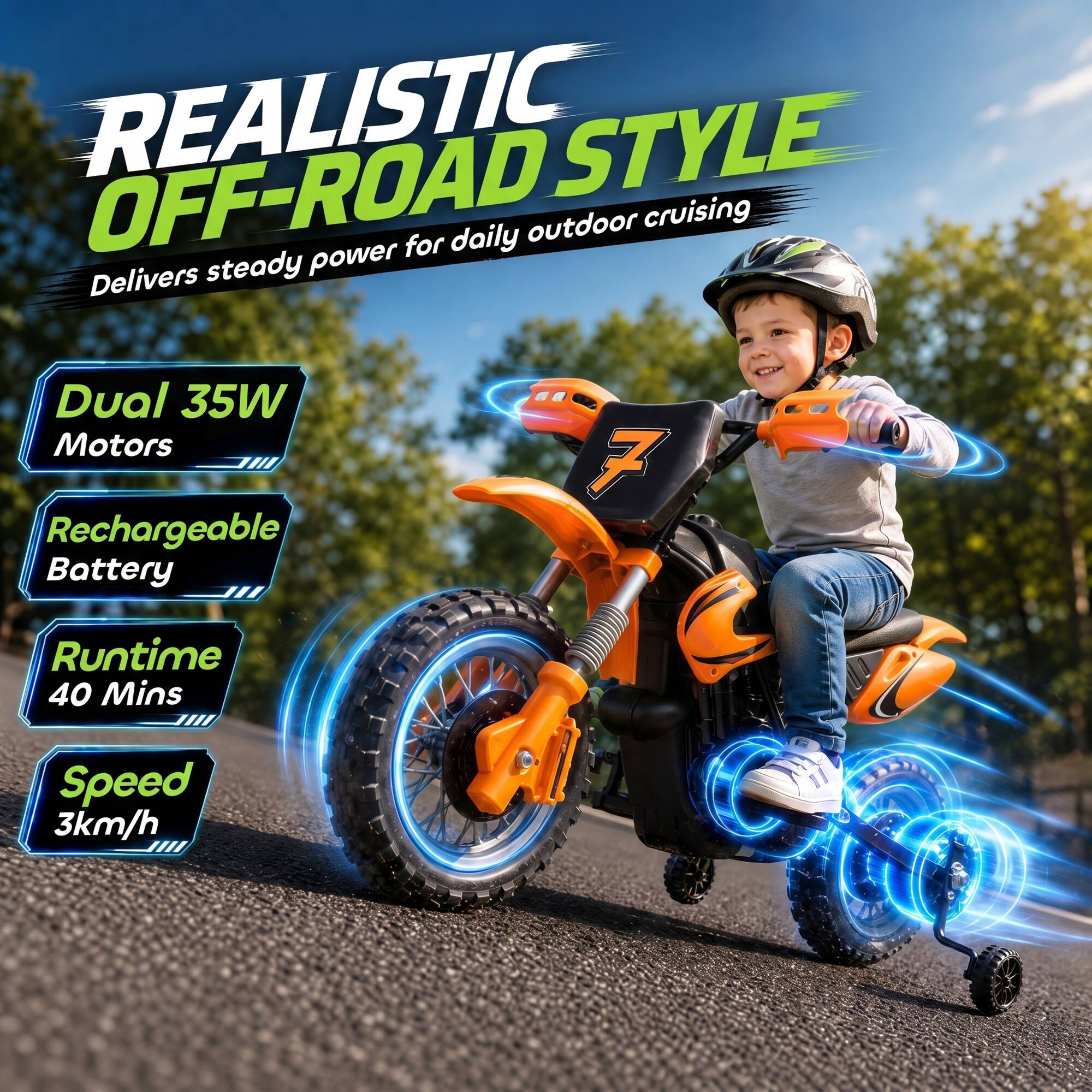 REALISTIC OFF-ROAD STYLE  
Delivers steady power for daily outdoor cruising  
Dual 35W Motors  
Rechargeable Battery  
Runtime 40 Mins  
Speed 3km/h