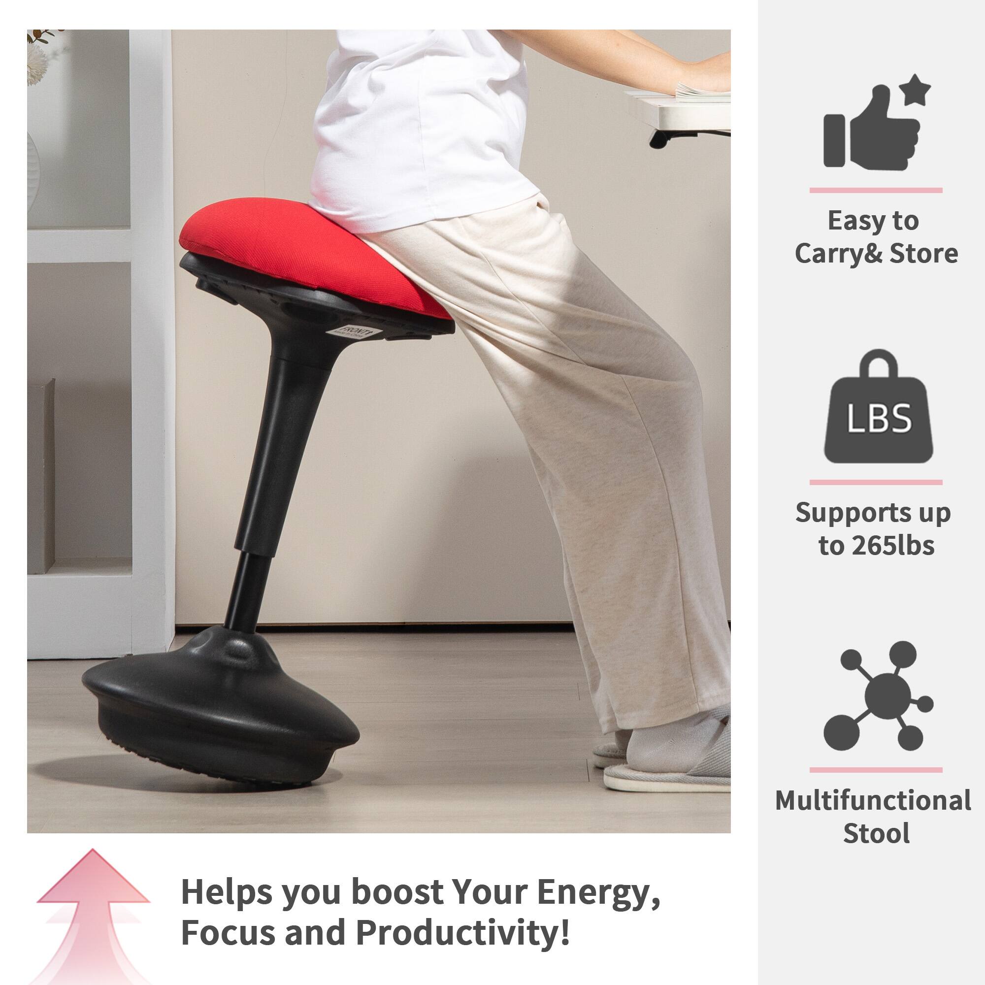 Helps you boost Your Energy, Focus and Productivity! Easy to Carry& Store LBS Supports up to 265lbs Multifunctional Stool