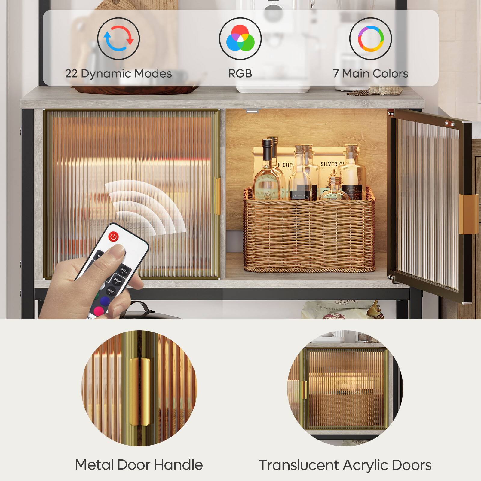 22 Dynamic Modes  
RGB  
7 Main Colors  

Metal Door Handle  
Translucent Acrylic Doors