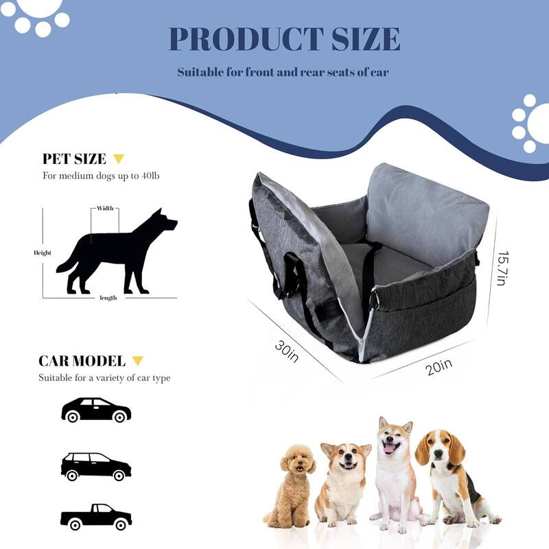 PRODUCT SIZE: Suitable for front and rear seats of car

PET SIZE: For medium dogs up to 40lb

CAR MODEL: Suitable for a variety of car type

Product dimensions: 15.7in (height), 30in (length), 20in (width)