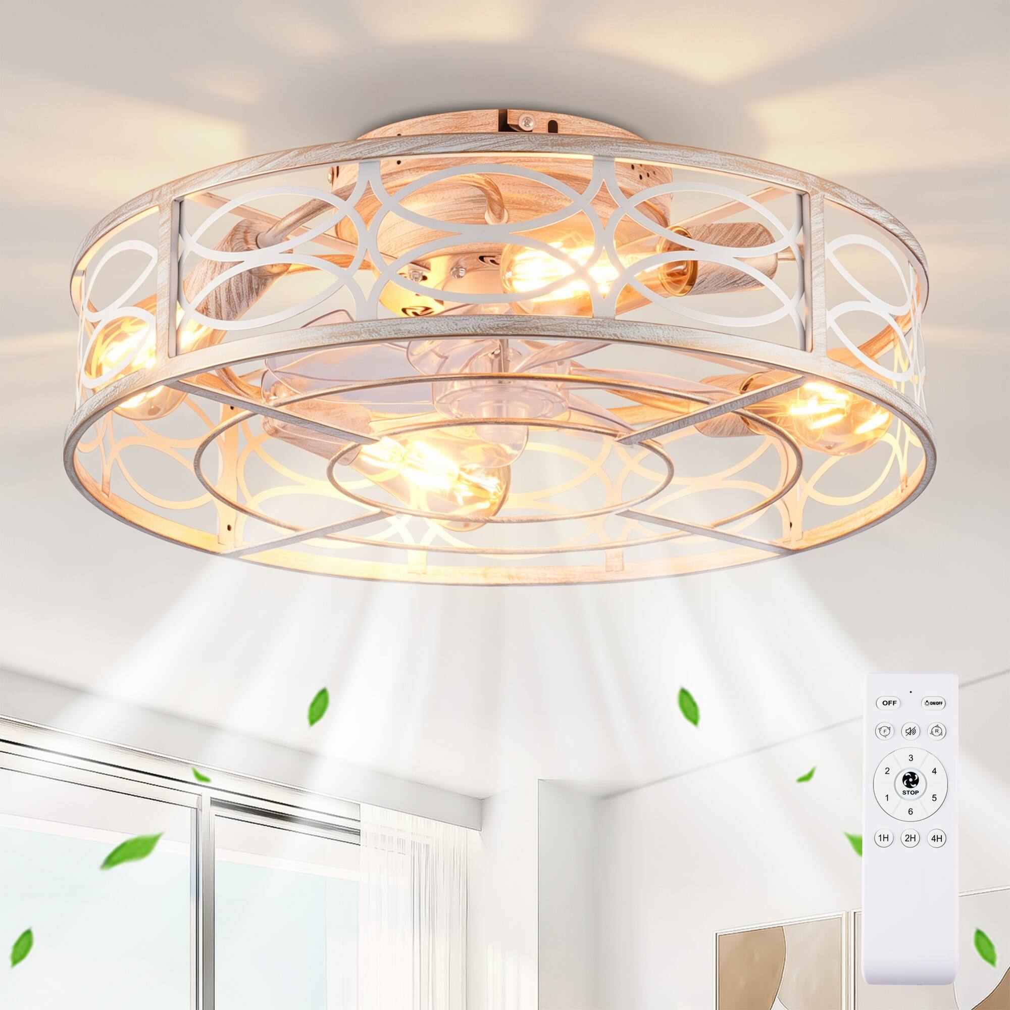 Angle. Loheer - Loheer 20-Inch Caged Ceiling Fan with Lights and Remote, Bladeless Flush Mount Reversible Fan for Bedroom.