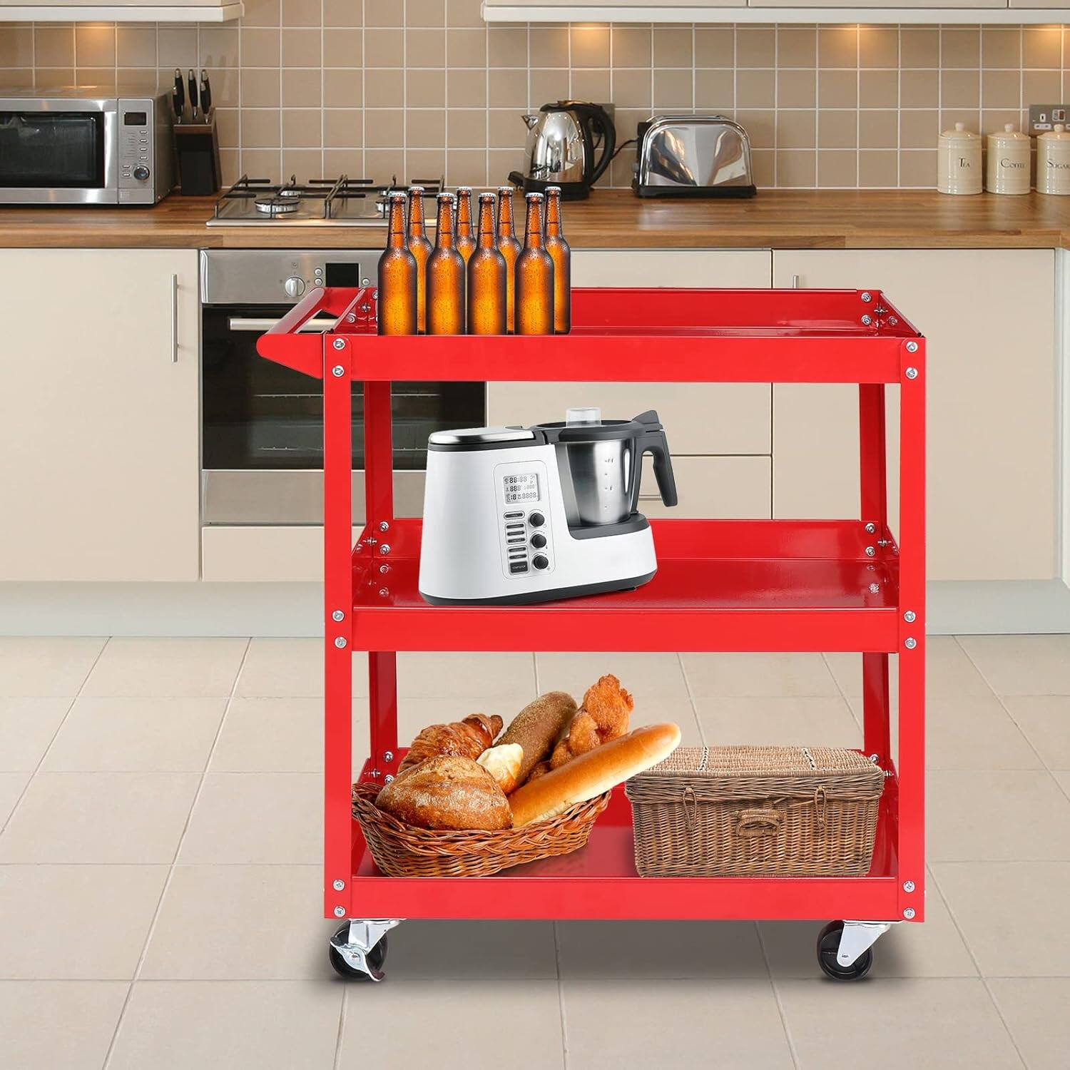 Angle. Winado - 3 Shelves Rolling Tool Cart with Wheels for Warehouse & Repair Shop Service Cart - Red.