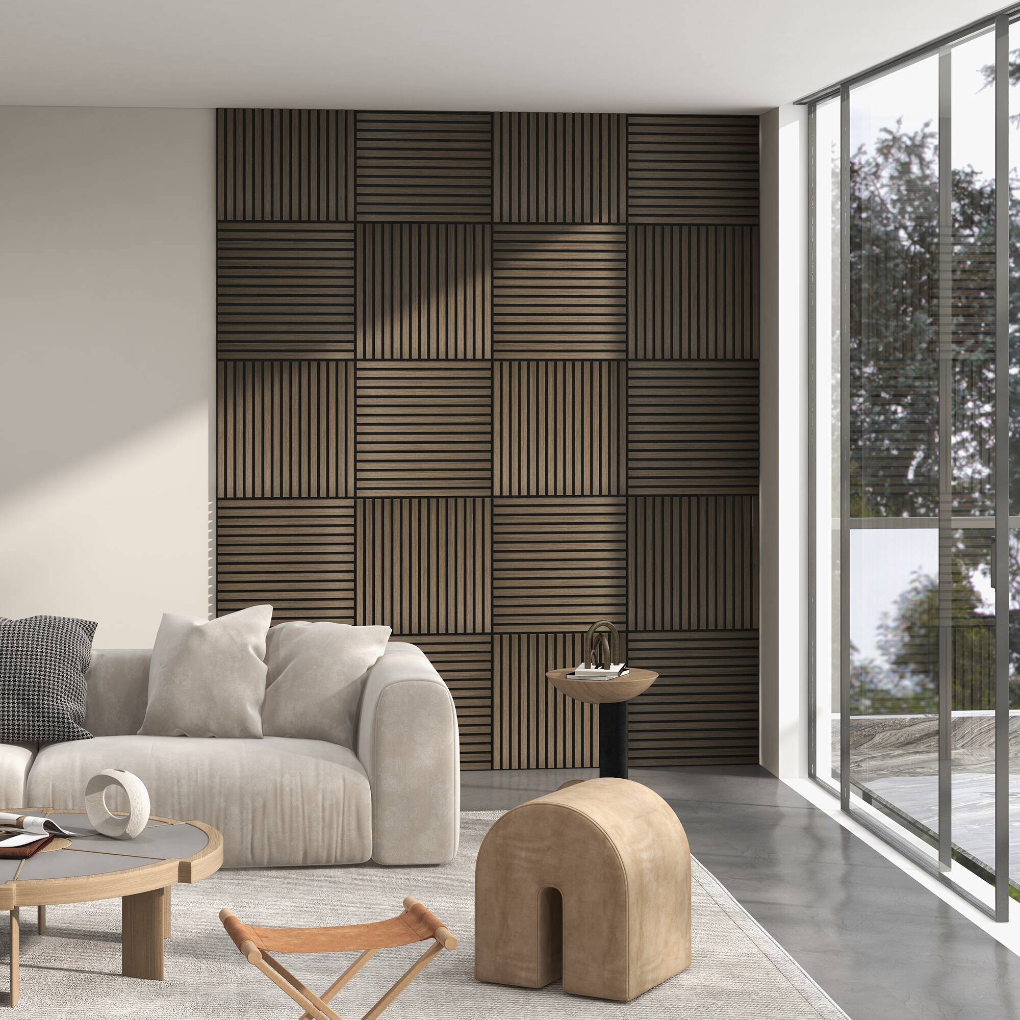 Alt View 1. Homcom - 4-Pack 24"x24" Faux Wood Acoustic Panels - 3D Peel-Stick Wall & Ceiling Tiles, Sound Absorbing Slat Decor​ - Walnut.