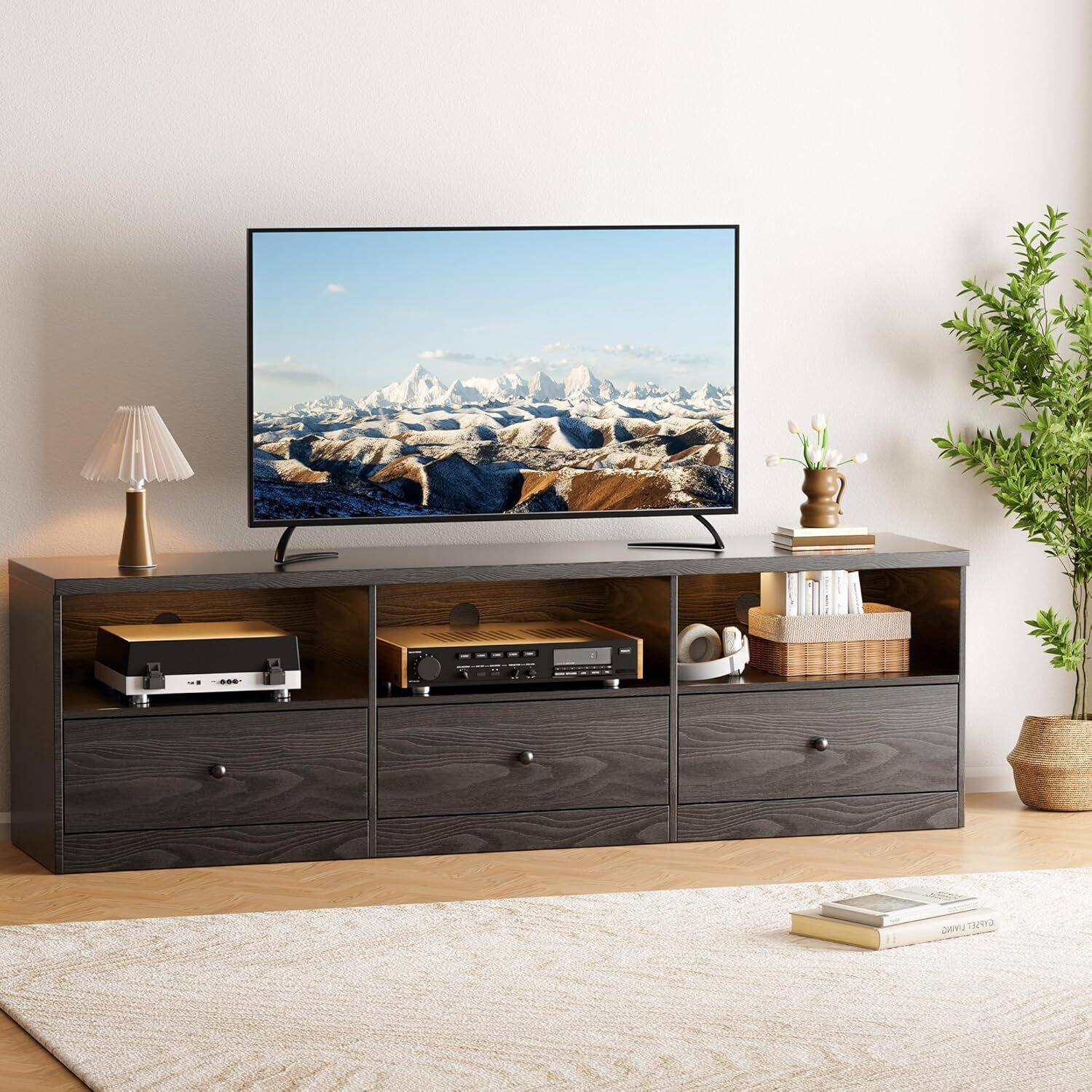 Acekool - Modern Entertainment Center with Large Open Shelf TV Stand for TVs Up to 80 Inches for Living Room Office - Black