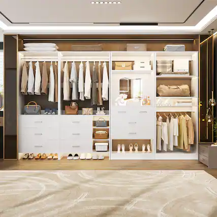 Front. Aheaplus - 104'' Width Closet Organizer System Set, with 10 Drawers, 4 Hanging Rods, 15 Open Shelves & a Mirror, 4 Packs - White.