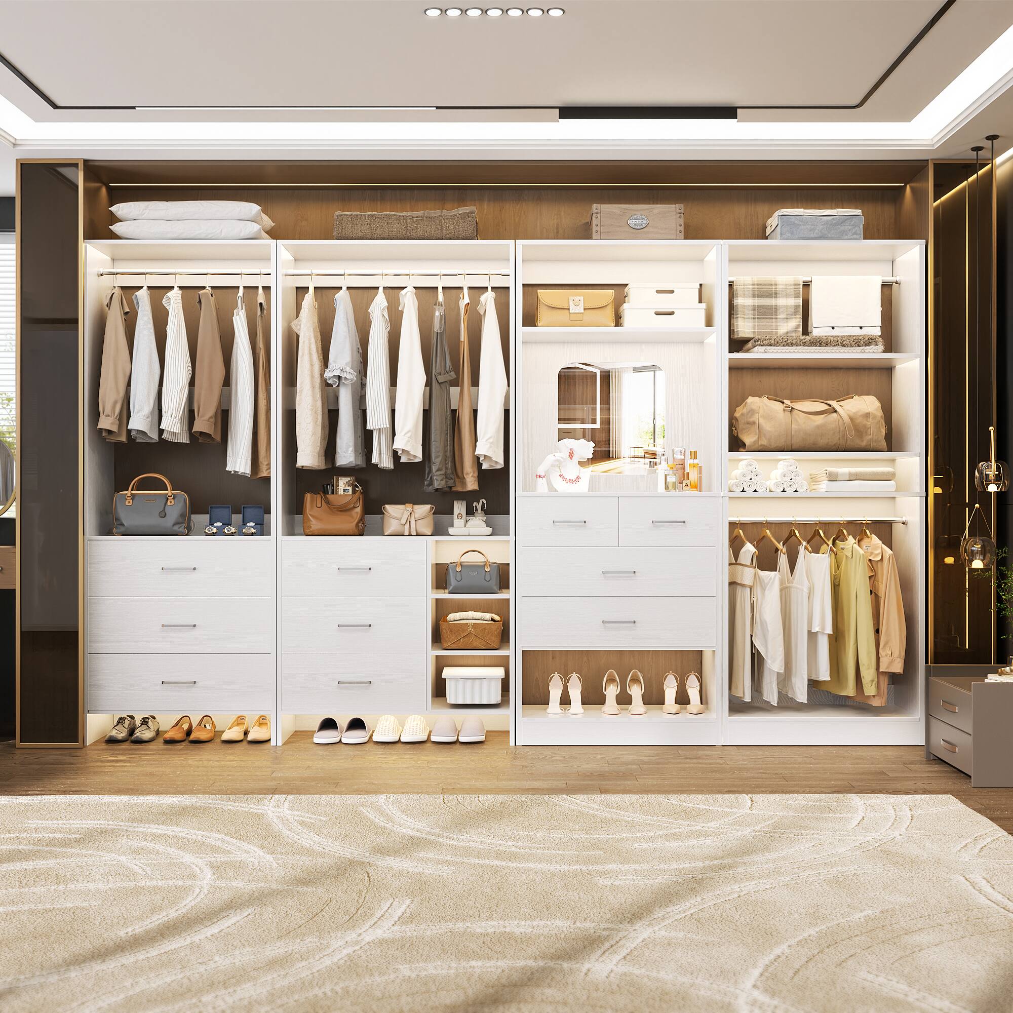 Front. Aheaplus - 104'' Width Closet Organizer System Set, with 10 Drawers, 4 Hanging Rods, 15 Open Shelves & a Mirror, 4 Packs - White.