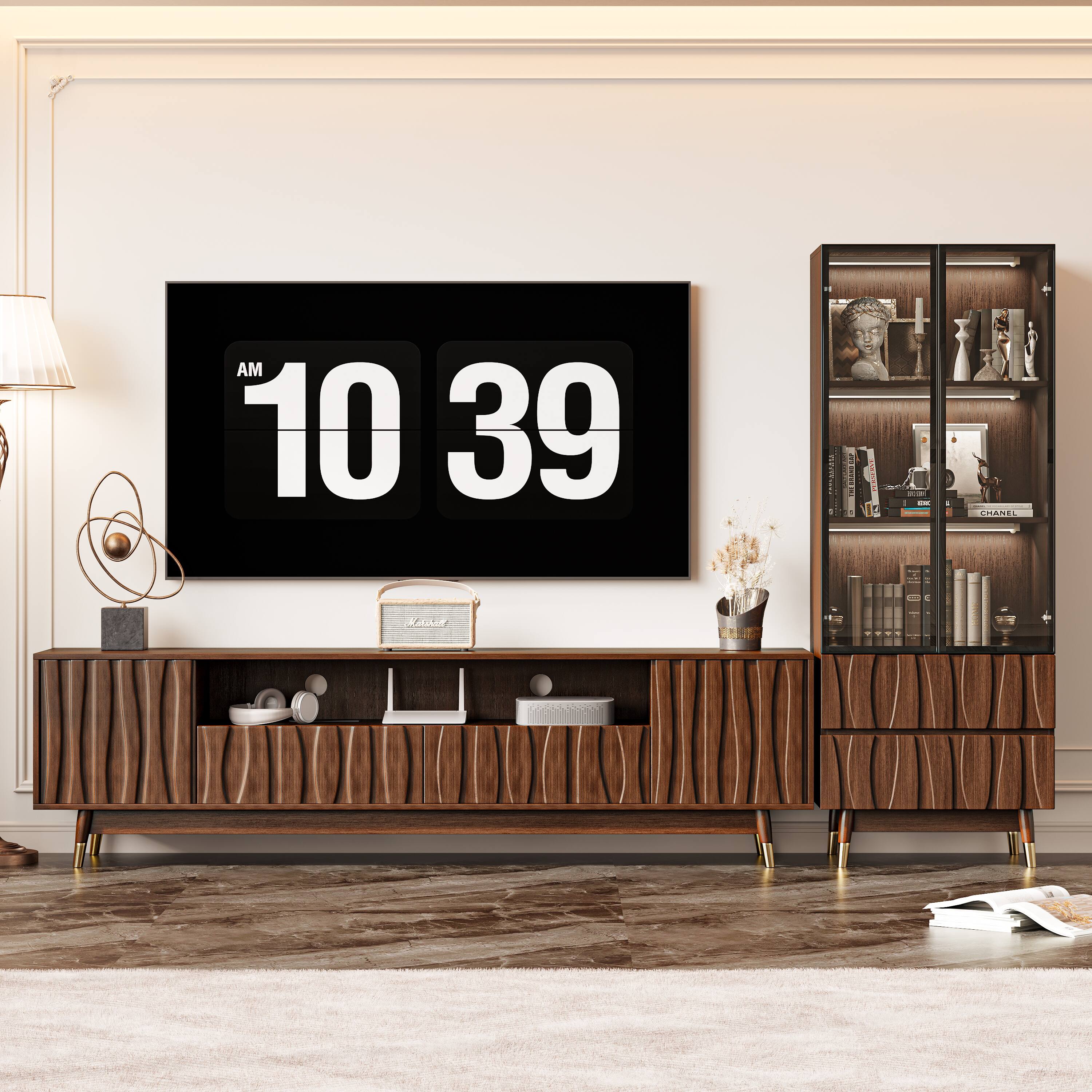 Alt View 1. MSOOB - TV Stand and Glass Display Cabinet Set with Drawers and Storage, Mid-Century Modern Entertainment Center Up to 85" TV - brown.