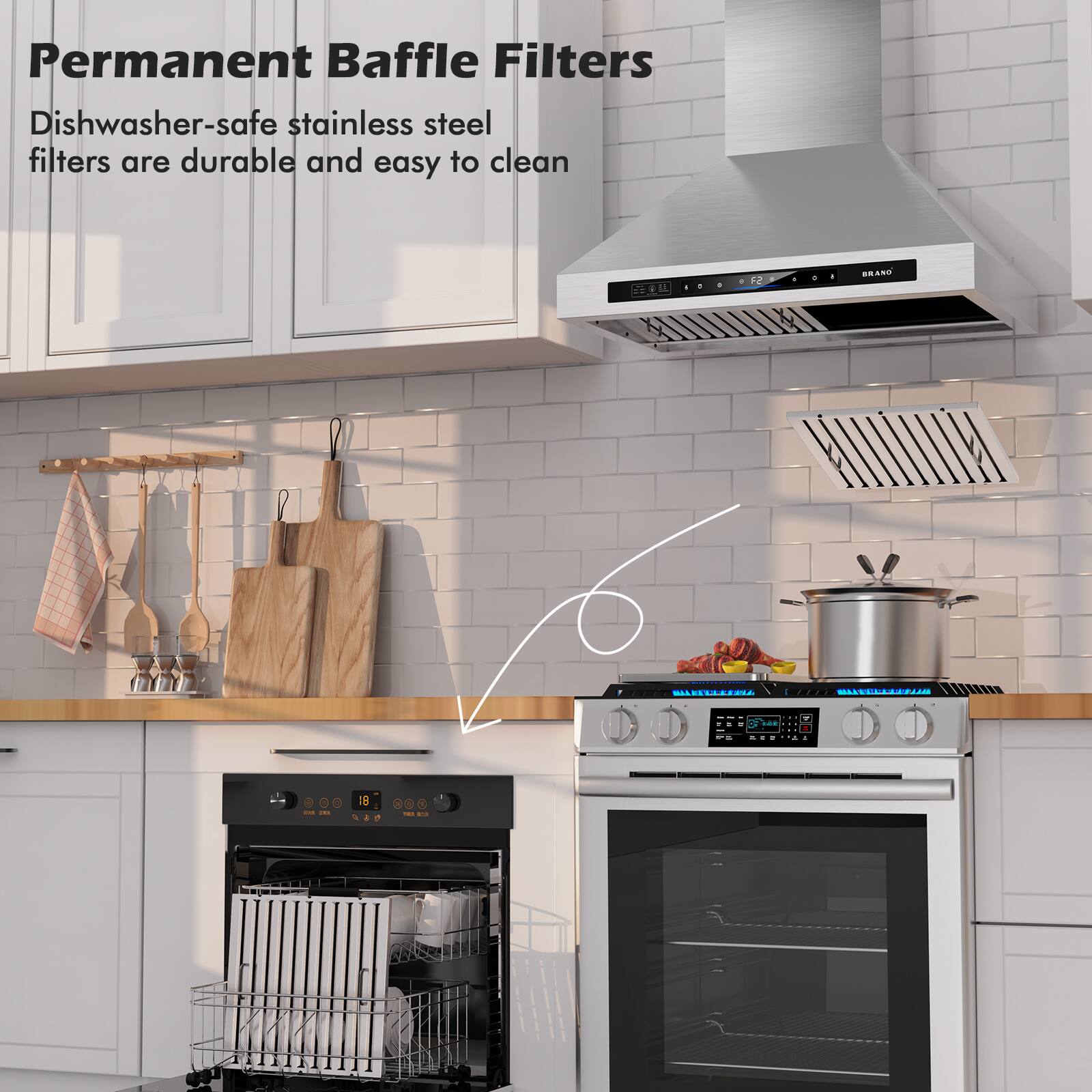 Alt View 2. Brano - 30 inch Wall Mount Range Hood 900 CFM Kitchen Hood in Stainless Steel with Voice Control, Ducted/Ductless Convertible - Sliver.