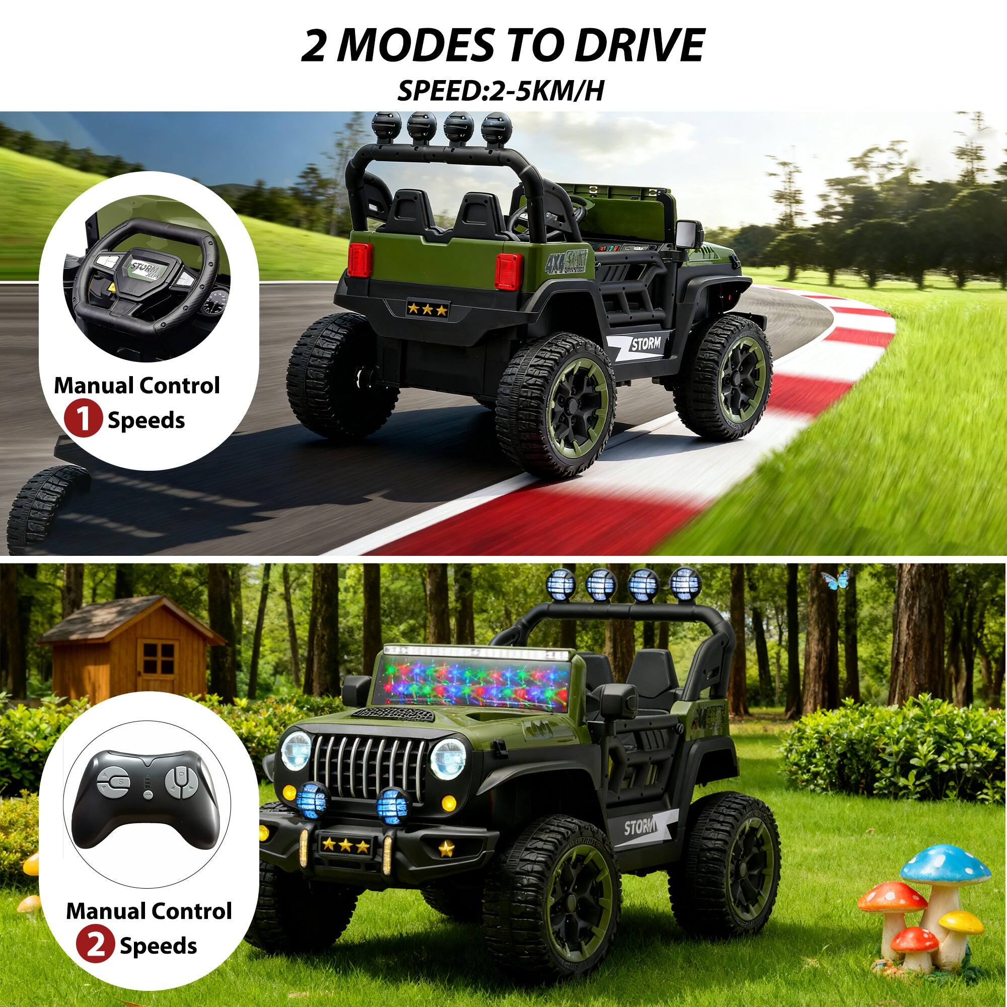 2 MODES TO DRIVE  
SPEED: 2-5KM/H  

Manual Control 1 Speeds  
Manual Control 2 Speeds