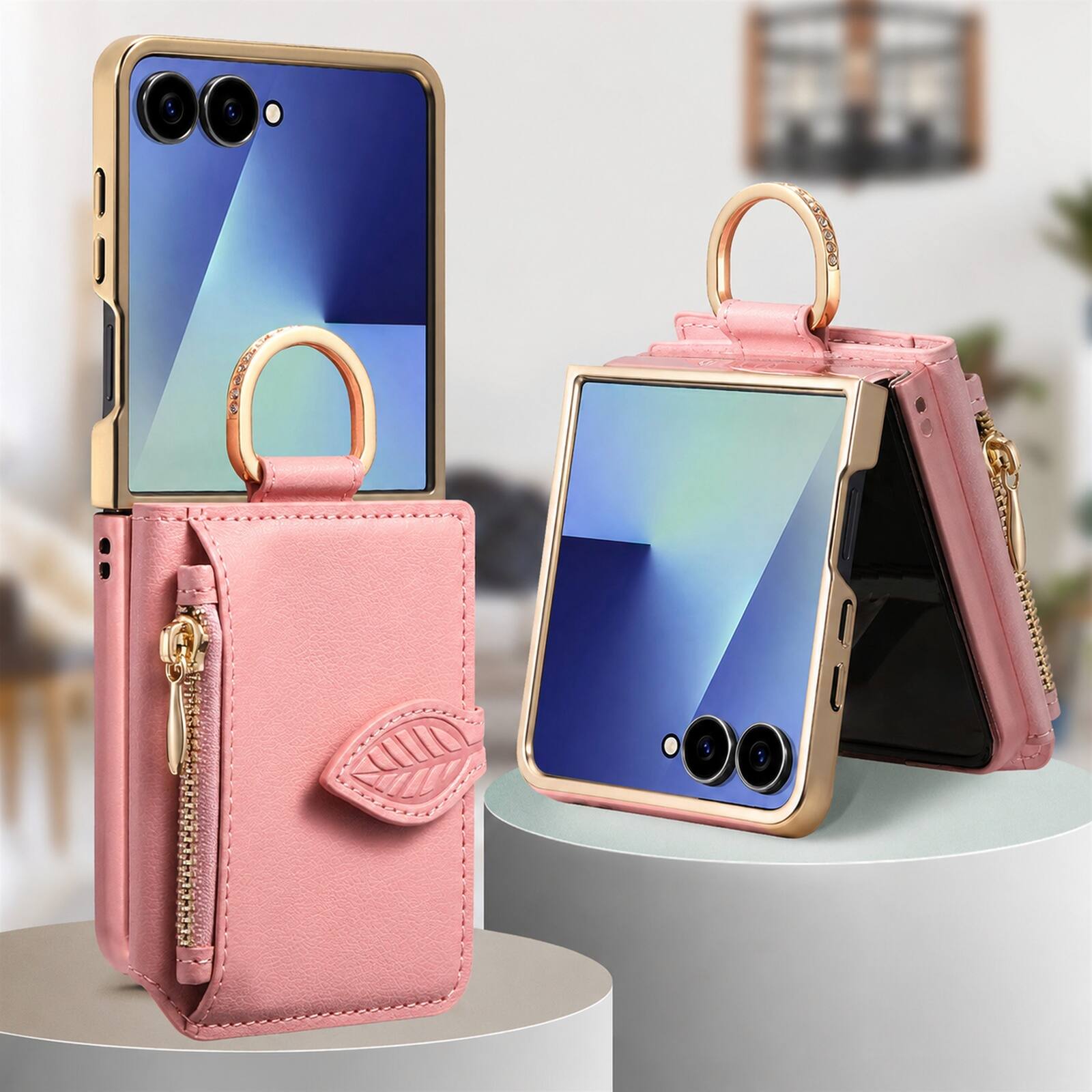 Back. Dteck - Zipper Wallet Card Pocket Back Cover for Samsung Galaxy Z Flip8 with Mirror Design, Shockproof Finger Ring Rugged Cover - Pink.