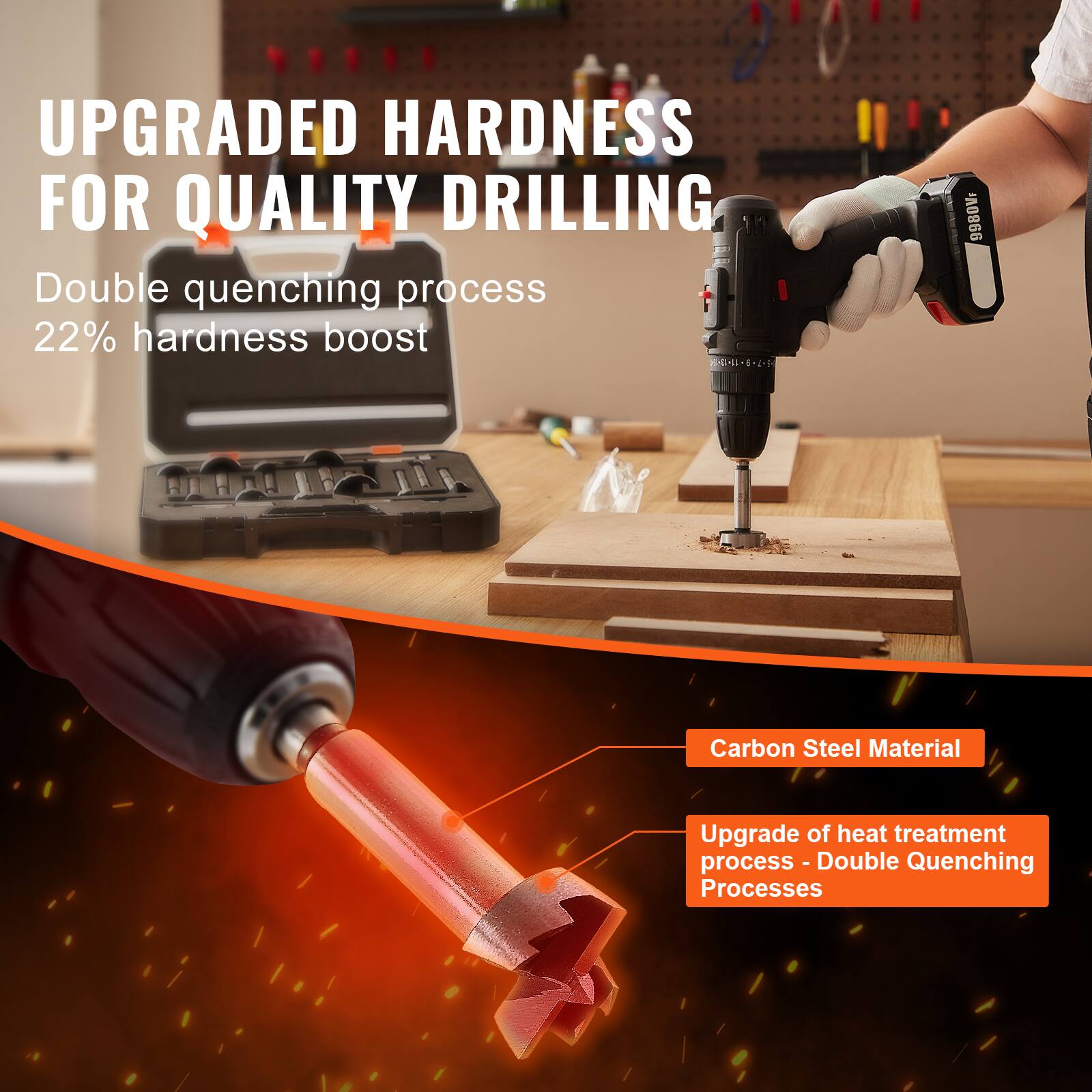 UPGRADED HARDNESS FOR QUALITY DRILLING

Double quenching process  
22% hardness boost

Carbon Steel Material  
Upgrade of heat treatment process - Double Quenching Processes