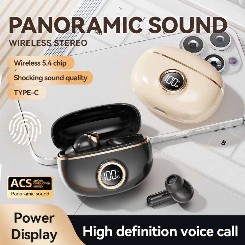 PANORAMIC SOUND  
WIRELESS STEREO  

- Wireless 5.4 chip  
- Shocking sound quality  
- TYPE-C  

ACS  
Panoramic sound  

Power Display  
High definition voice call