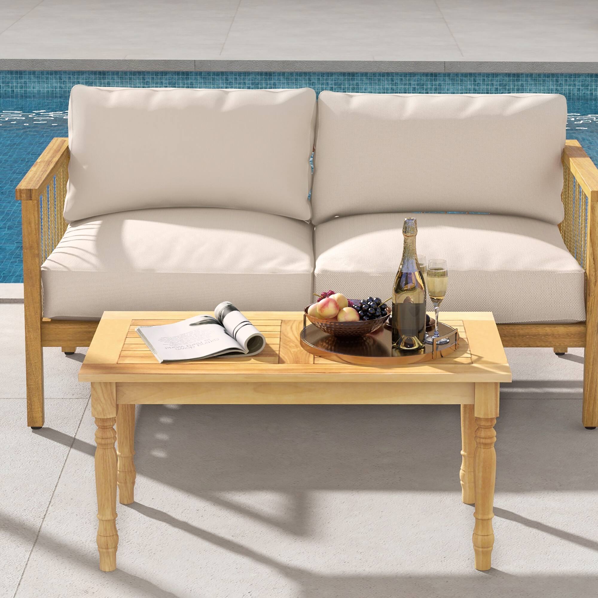 Alt View 3. Gymax - Gymax Patio Coffee Table w/ Solid Teak Wood Structure Slatted Tabletop for Backyard - Natural.