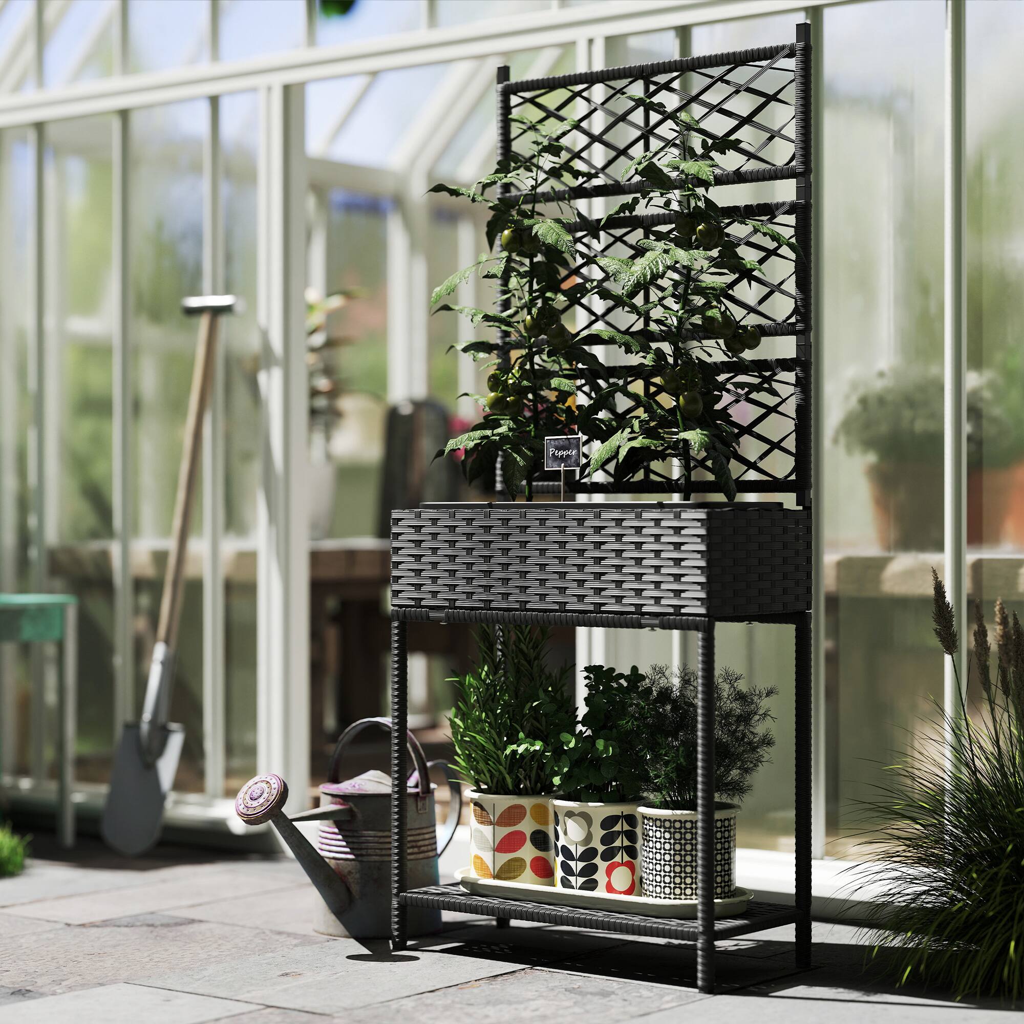 Alt View 7. Outsunny - Raised Garden Bed with Trellis, Outdoor Wicker Planter, Freestanding Rattan Planter Stand with Storage Shelf - Black.