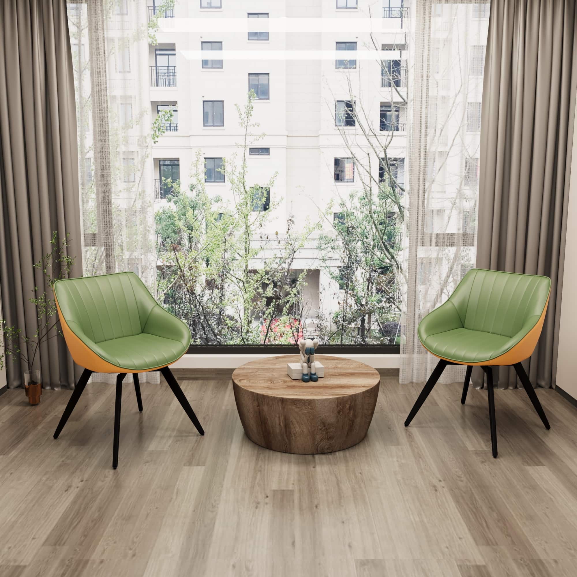 TinyHomie - 29.53in MDF coffee table and 2 PU dining chair set drum integrated dining table and black metal leg dining chairs - Green and Wood