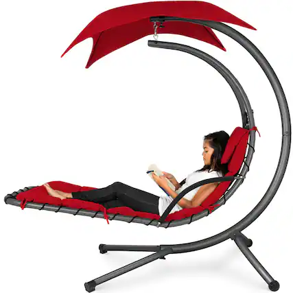 Front. Best Choice Products - Best Choice Products Hanging Curved Chaise Lounge Chair Swing for Backyard, Patio w/ Pillow, Shade, Stand - Red - Red.