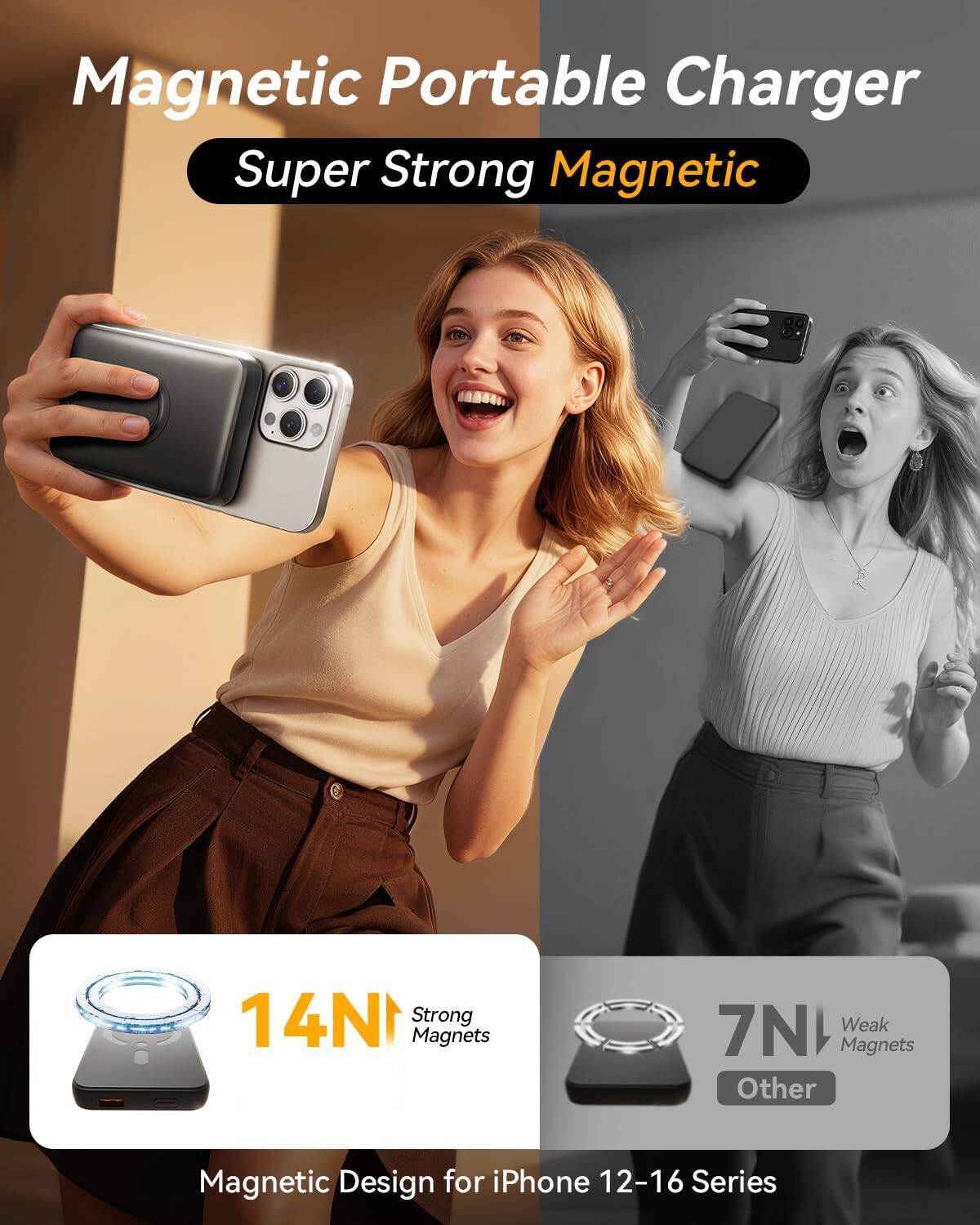 Magnetic Portable Charger  
Super Strong Magnetic  

14N Strong Magnets  
7N Weak Magnets  

Magnetic Design for iPhone 12-16 Series