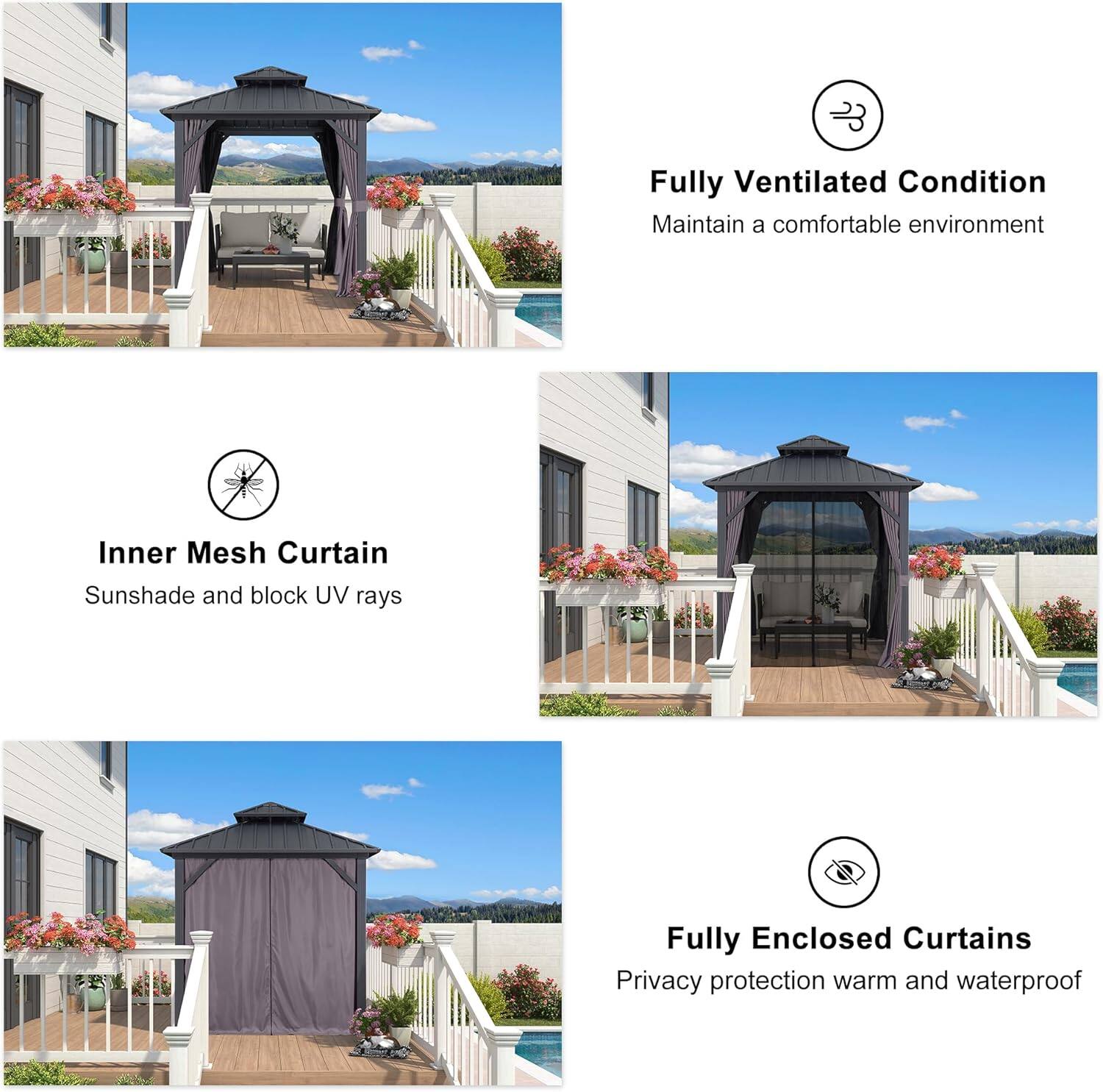 - Fully Ventilated Condition  
  Maintain a comfortable environment

- Inner Mesh Curtain  
  Sunshade and block UV rays

- Fully Enclosed Curtains  
  Privacy protection warm and waterproof