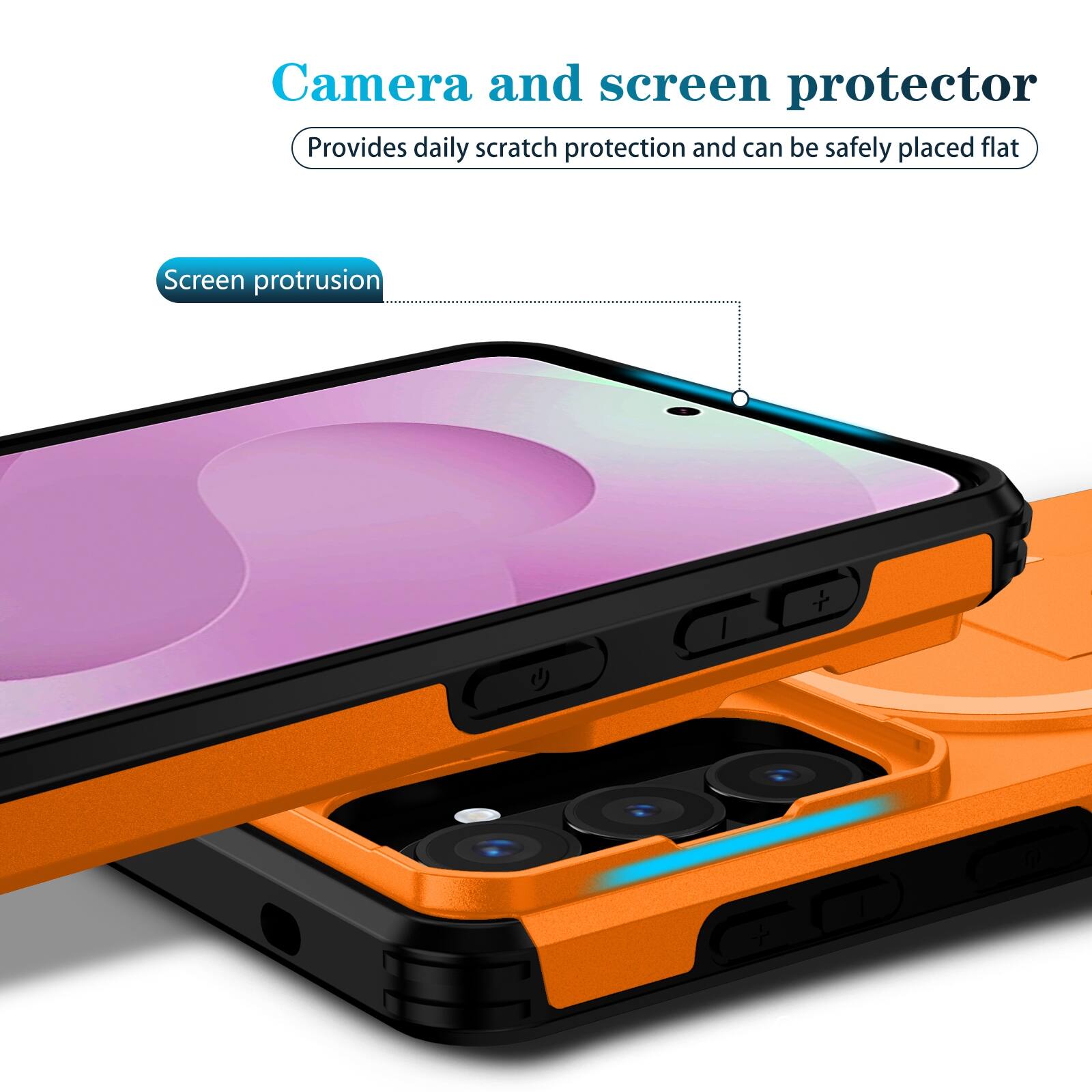Camera and screen protector  
Provides daily scratch protection and can be safely placed flat  
Screen protrusion