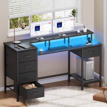 Front. Furologee - Computer Desk with Monitor Stand & Charging Station Gaming Desk with LED Lights & Drawers - Black.