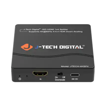 J-Tech Digital 18G HDMI 1x4 Splitter Supports 4K@60Hz 4:4:4 HDR Down-Scaling Model: JTECH-4KSP4 In On Off Downscale DC 5V