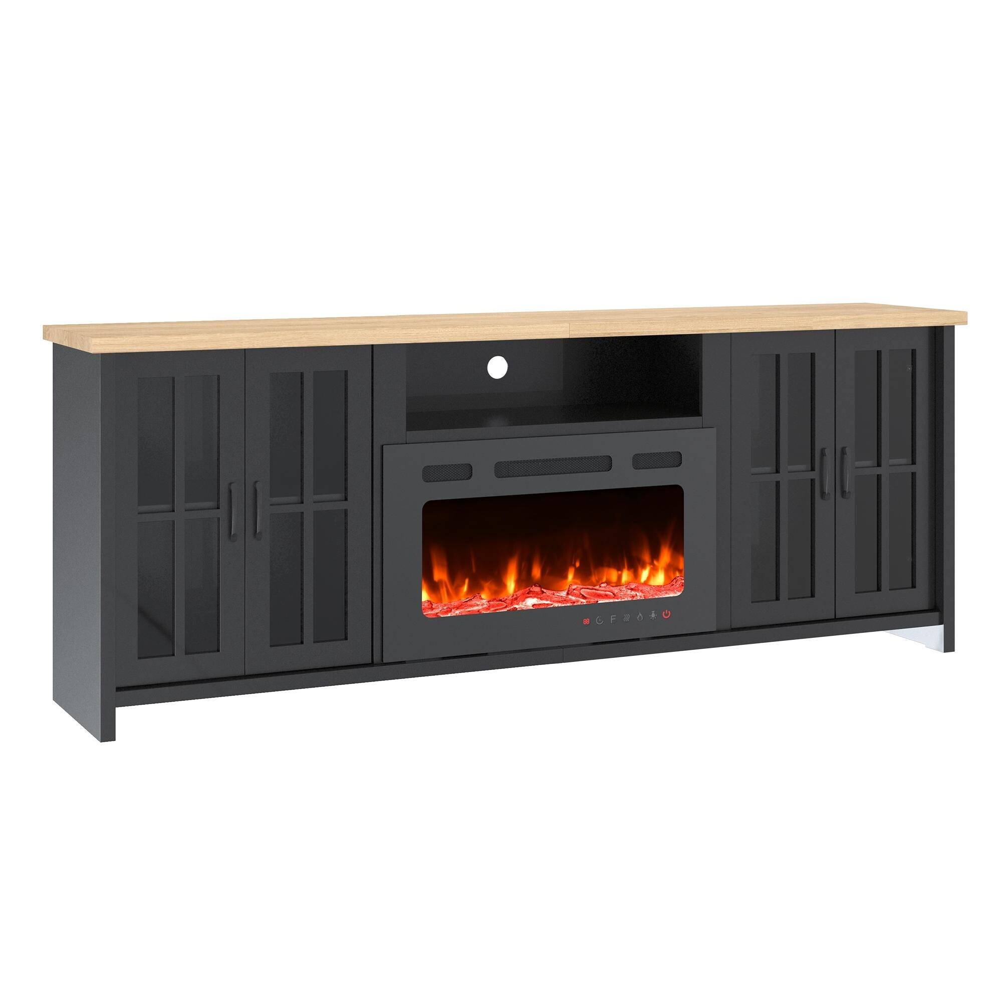 Alt View 6. U-HOMY - 78" Fireplace TV Stand with 30" Electric Fireplace, Glass Door Media Console with LED Lights - Black.