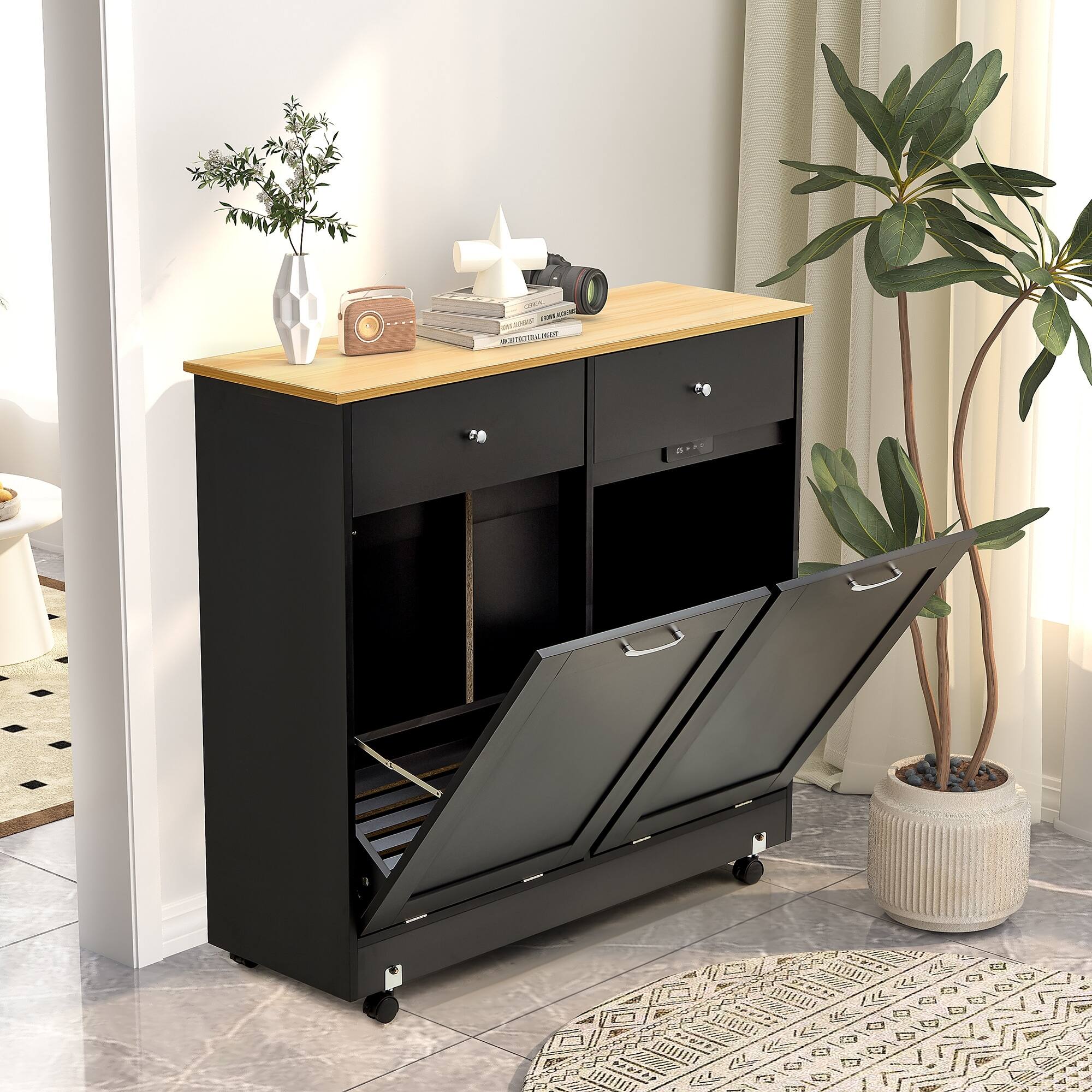 Angle. U-HOMY - 10-Gallon Double Tilt-Out Trash Cabinet with Wheels and Drawers, Wooden Rolling Trash Bin Storage Organizer.