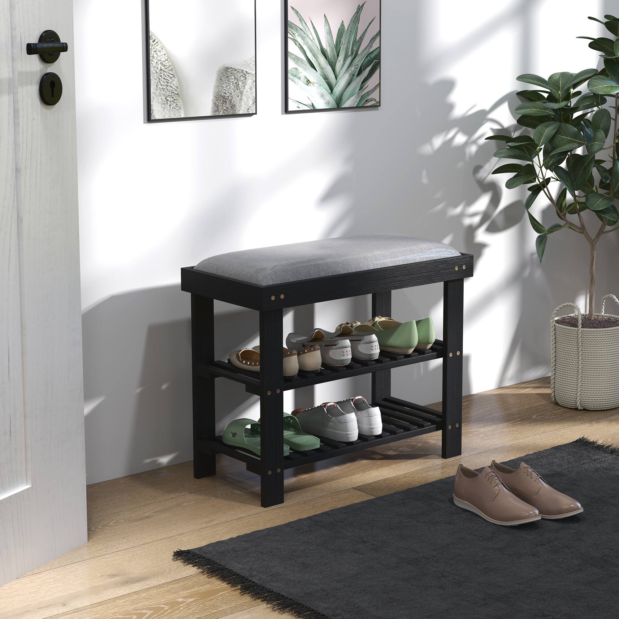 Alt View 1. Homcom - Bamboo Shoe Bench, 3-Tier Entryway Bench with Storage and Cushion, Shoe Organizer for Entryway, Hallway - Black.