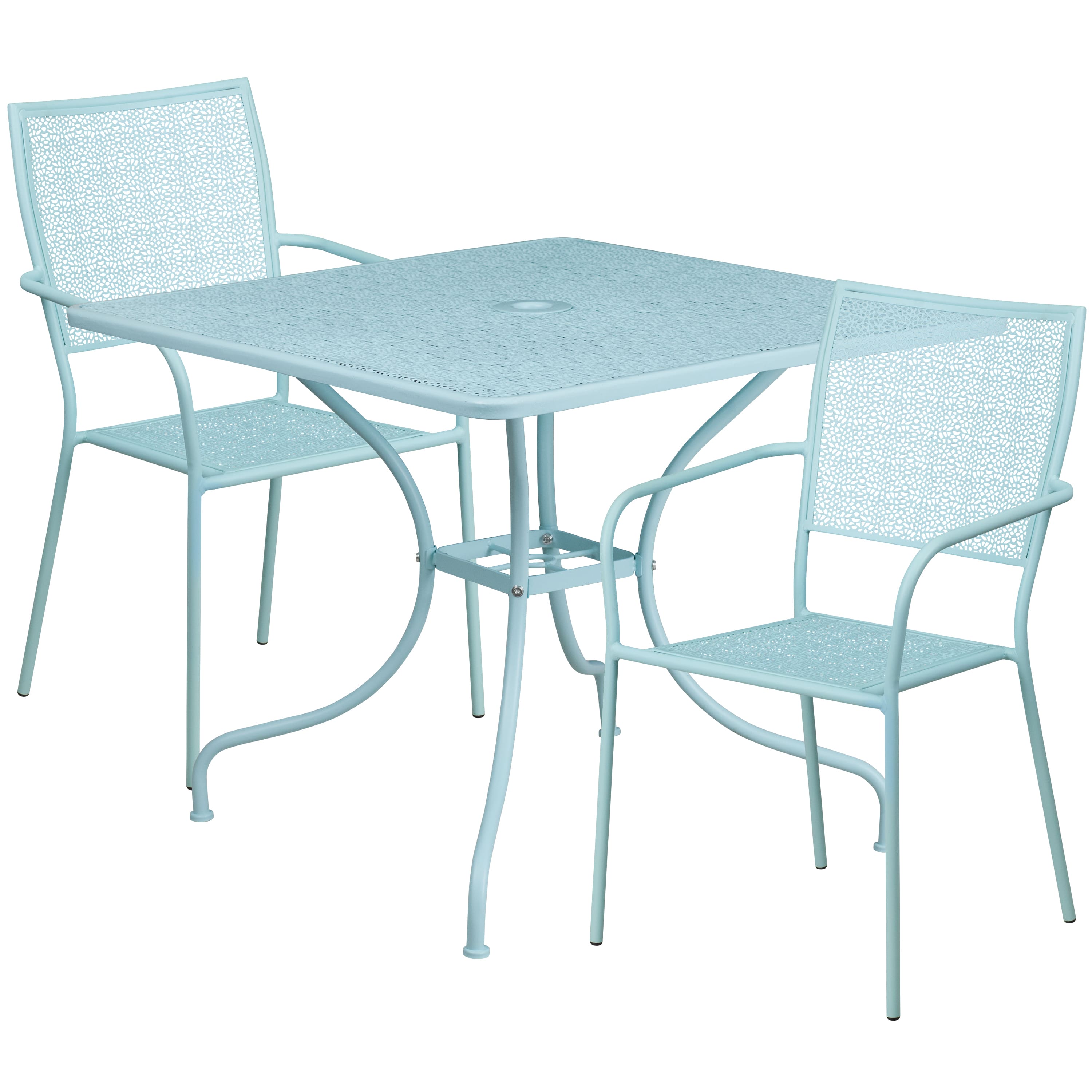 Emma + Oliver - Commercial Grade 35.5" Square Metal Garden Patio Table Set, 2 Square Back Chairs - Sky Blue