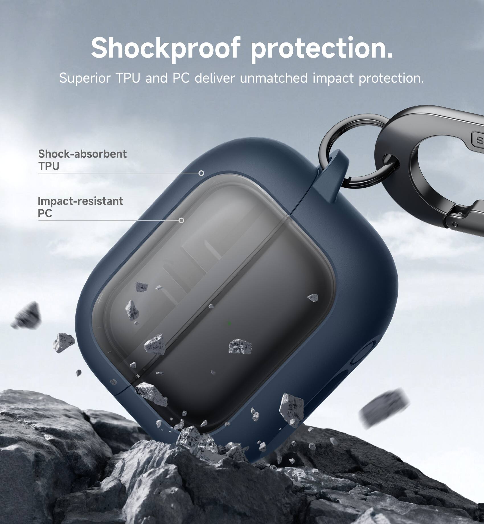 Shockproof protection. Superior TPU and PC deliver unmatched impact protection. Shock-absorbent TPU. Impact-resistant PC.