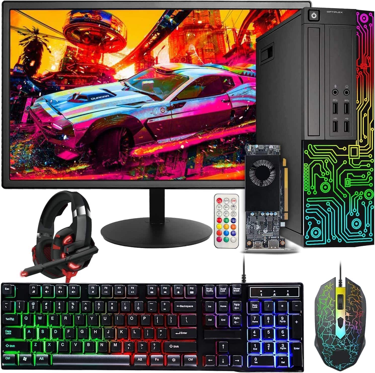 Dell - Refurbished Excellent - Gaming OptiPlex Desktop RGB PC Combo, Intel Core i5, Radeon RX550 4G, 16GB RAM, 512GB SSD, 24'' Monitor, Win11 Pro - Black