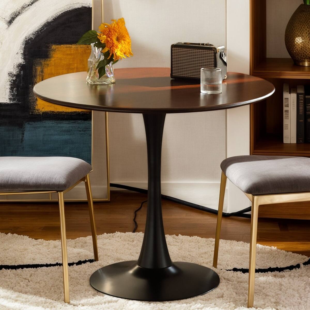 Alt View 6. Loheer - Loheer Walnut Round Dining Table, Mid-Century Modern 24 Inch MDF Top with Metal Pedestal - Walnut.