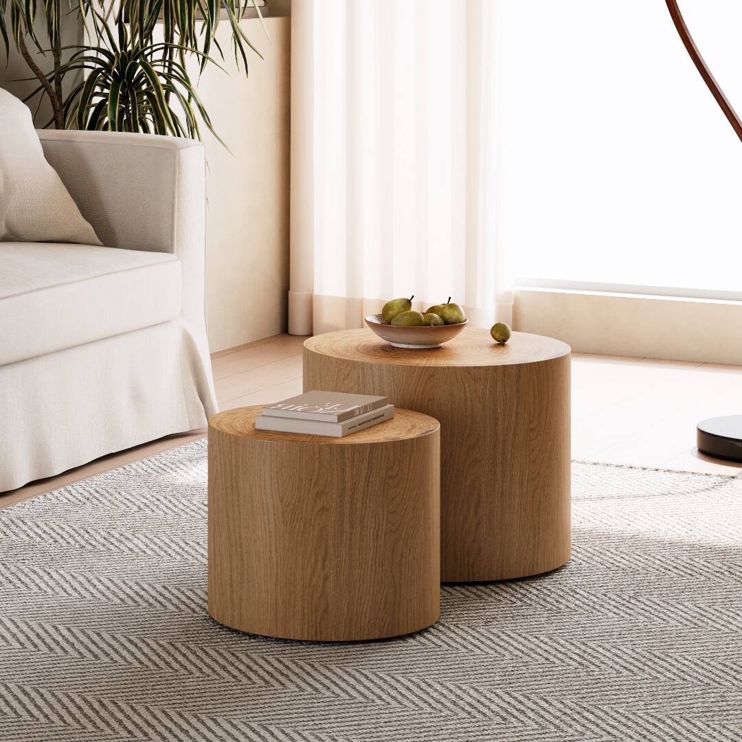Back. Loheer - Loheer Nesting Coffee Table Set of 2 Natural Wood Tree Ring Round Tables - Natural Wood.