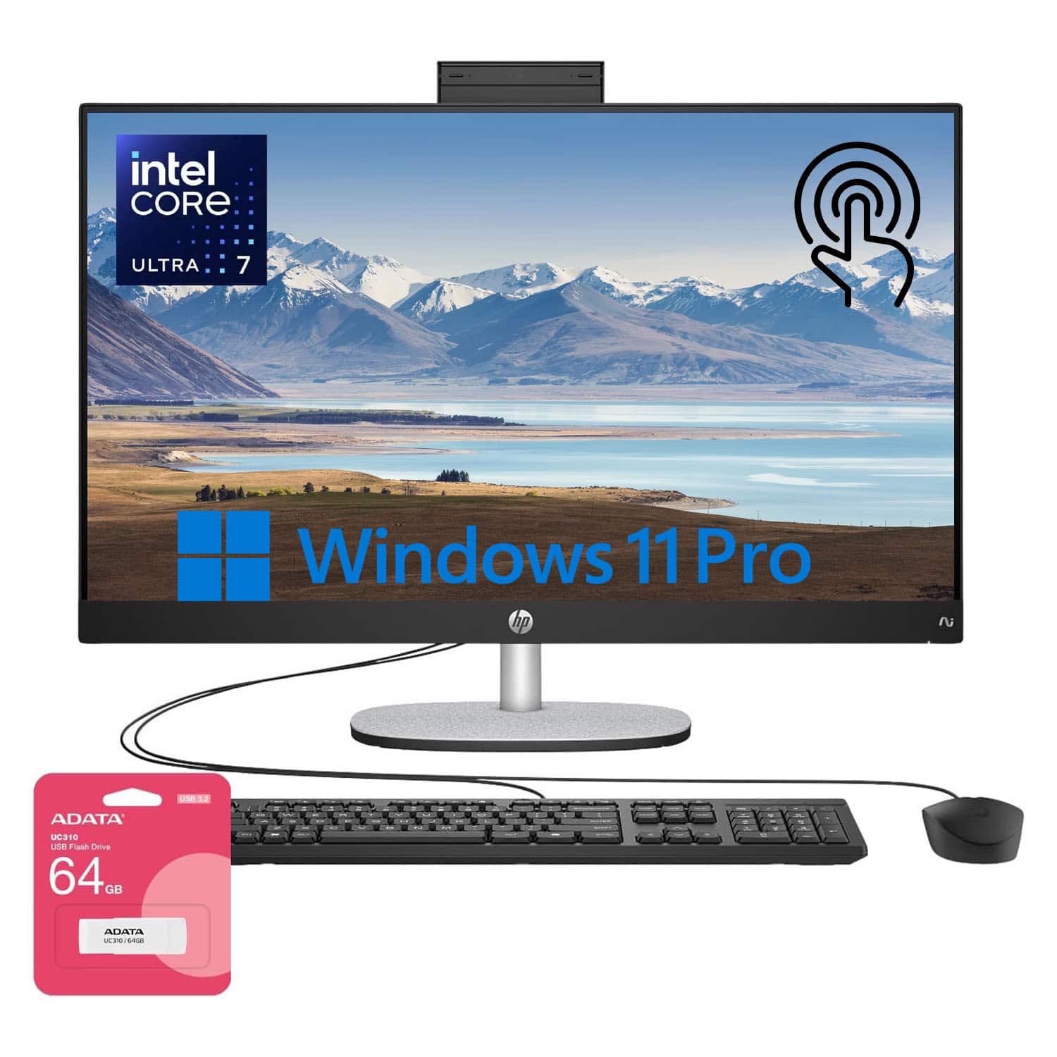 HP - 27" FHD Touchscreen All-in-One - Wired KB & Mouse - Intel Core Ultra 7 255U - 32GB RAM, 1TB SSD - Adata 64GB USB Drive - Black