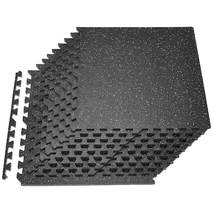 Front. VEVOR - Puzzle Exercise Mat, 12 PCS Fitness Equipment Mats, 24 x 24 x 0.56 in, High-Density EVA Foam Mat Set - Black with White Dots.