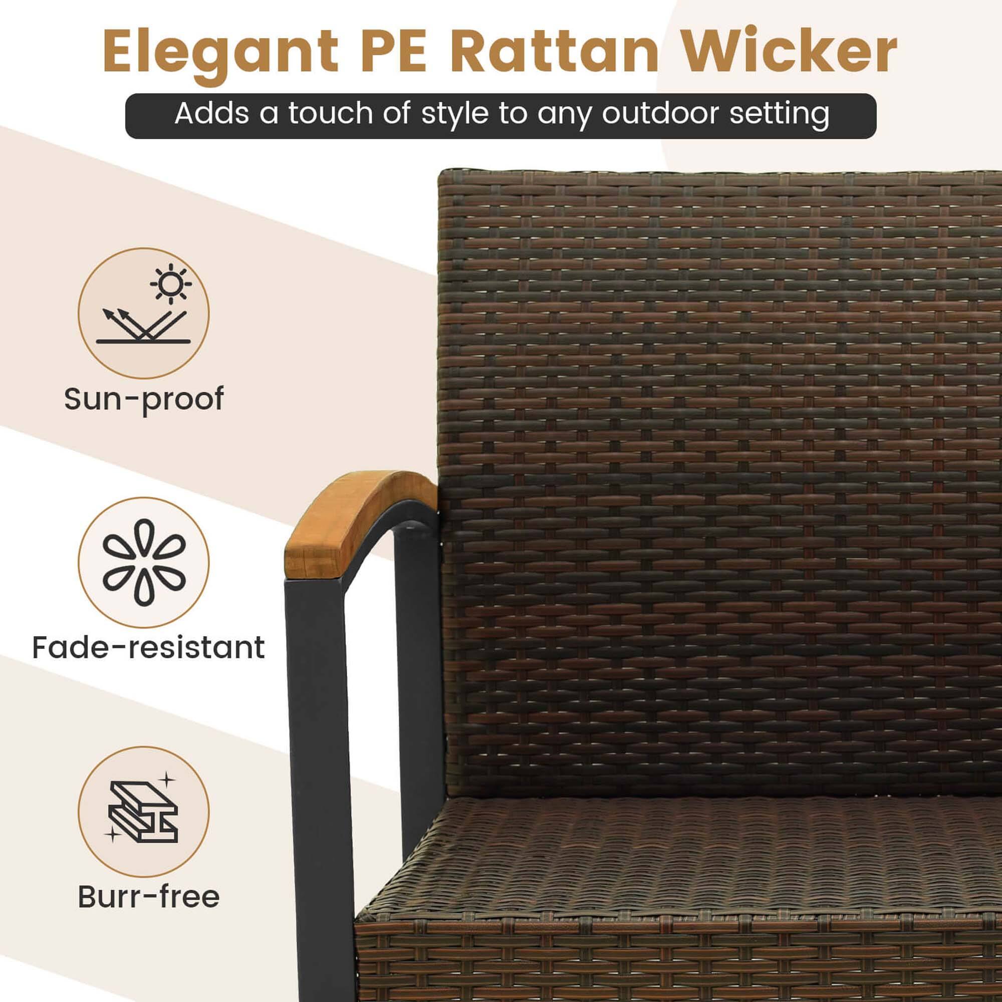 Elegant PE Rattan Wicker adds a touch of style to any outdoor setting. It is sun-proof, fade-resistant, and burr-free.