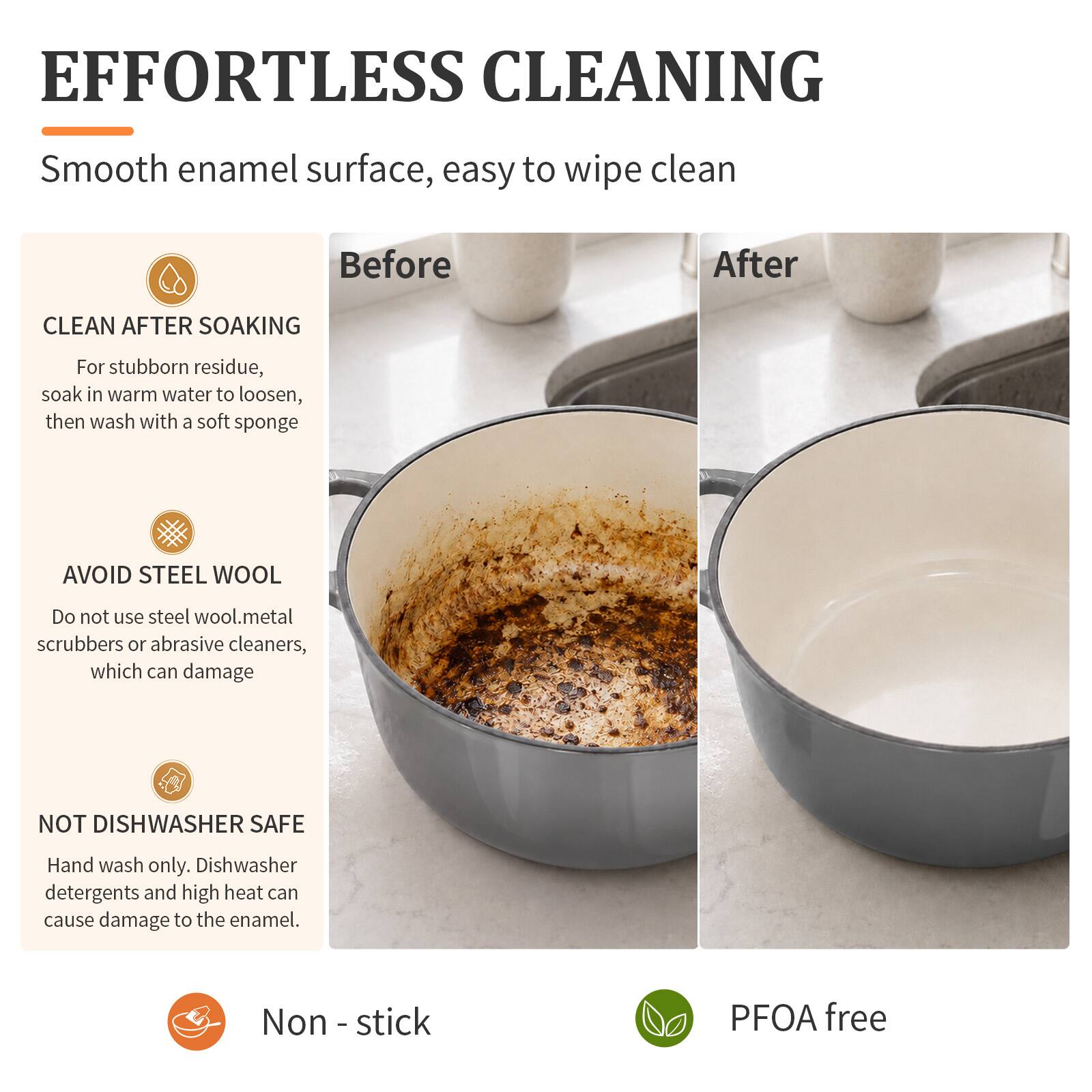 EFFORTLESS CLEANING  
Smooth enamel surface, easy to wipe clean

Before  
After

CLEAN AFTER SOAKING  
For stubborn residue, soak in warm water to loosen, then wash with a soft sponge

AVOID STEEL WOOL  
Do not use steel wool, metal scrubbers or abrasive cleaners, which can damage

NOT DISHWASHER SAFE  
Hand wash only. Dishwasher detergents and high heat can cause damage to the enamel.

Non-stick  
PFOA free