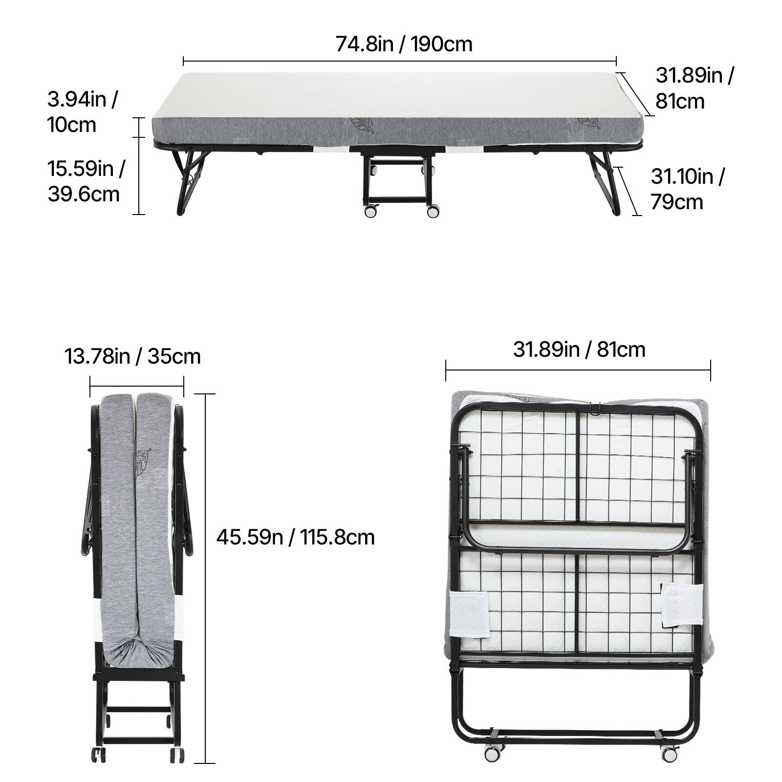 VEVOR Rollaway Bed, 31 in x 75 in Folding Bed with 4 in Mattress
