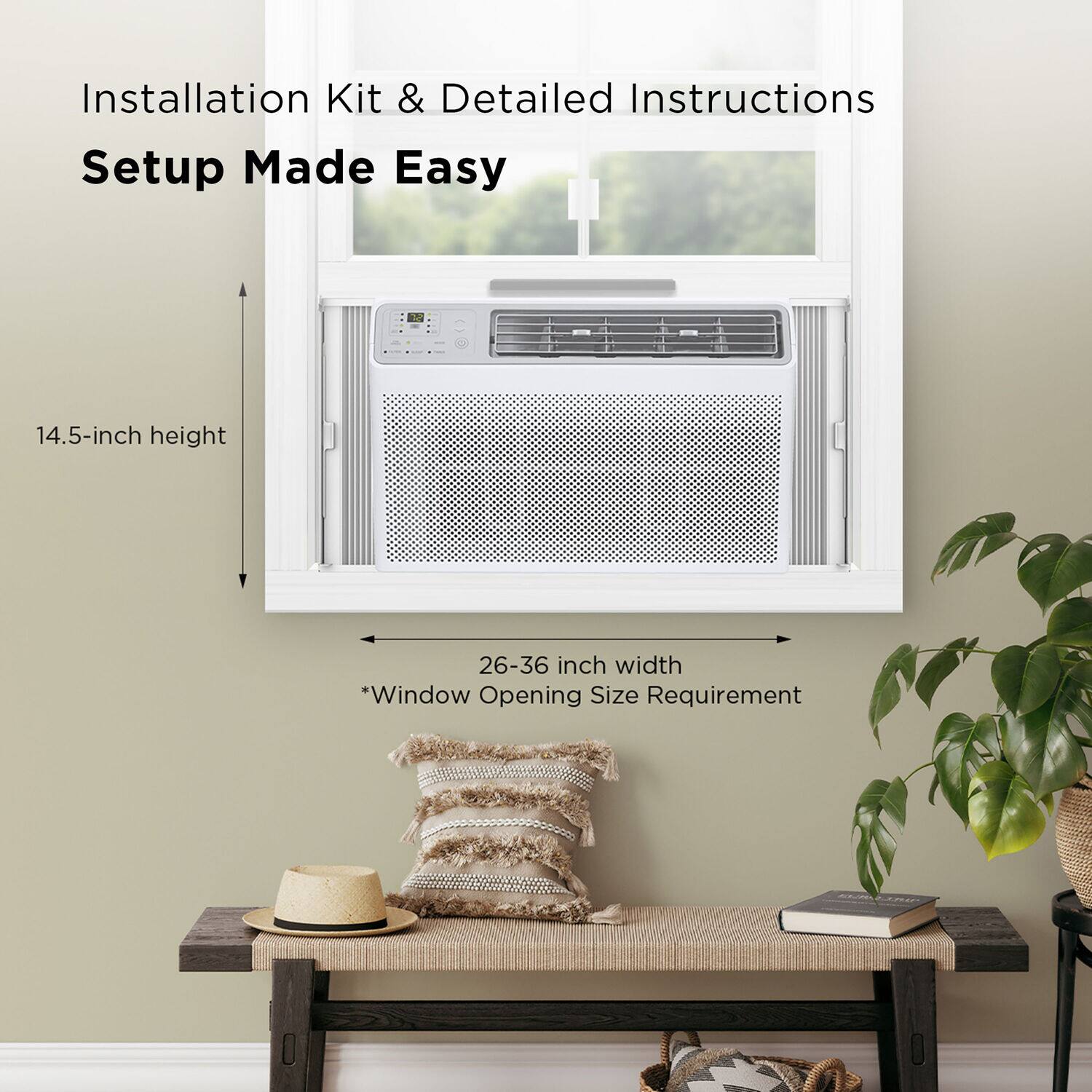 Installation Kit & Detailed Instructions, Setup Made Easy, 14.5-inch height, 26-36 inch width, *Window Opening Size Requirement
