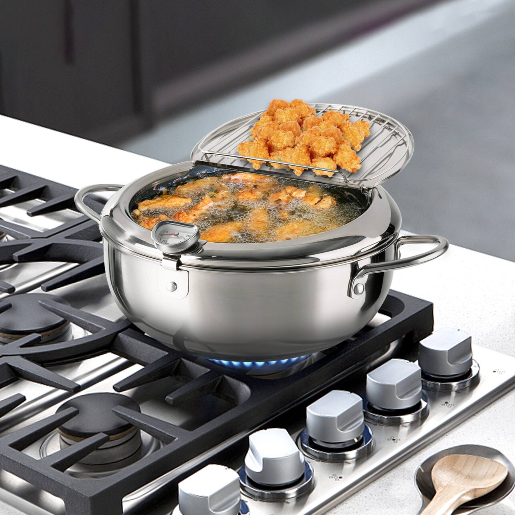 Back. MOOSOO - Stainless Steel  Deep Fryer Pot, 11 Inch/4.2 L Frying Pot with Lid, Temperature Control and Oil Drip Drainer Rack - Silver.