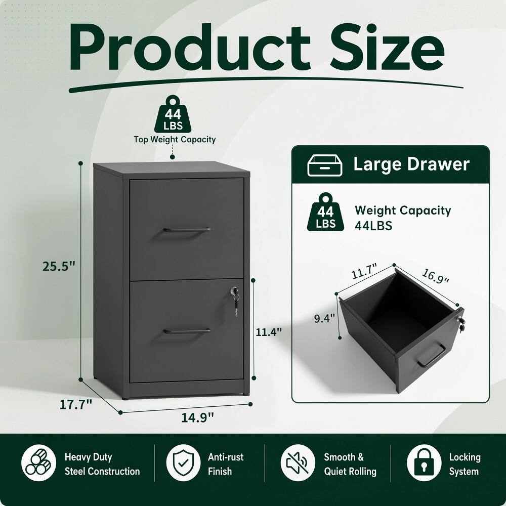 Product Size

- Top Weight Capacity: 44 LBS
- Large Drawer
- Weight Capacity: 44 LBS

Dimensions:
- 25.5" (height)
- 17.7" (width)
- 14.9" (depth)
- 11.7" (drawer height)
- 16.9" (drawer width)
- 9.4" (drawer depth)

Features:
- Heavy Duty Steel Construction
- Anti-rust Finish
- Smooth & Quiet Rolling
- Locking System