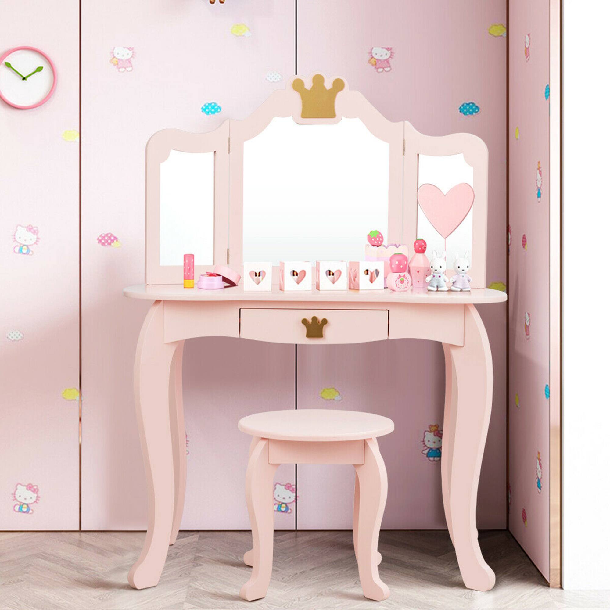 Alt View 3. Costway - Costway Kids Makeup Dressing Table Chair Set Princess Vanity & Tri-folding Mirror - Pink.