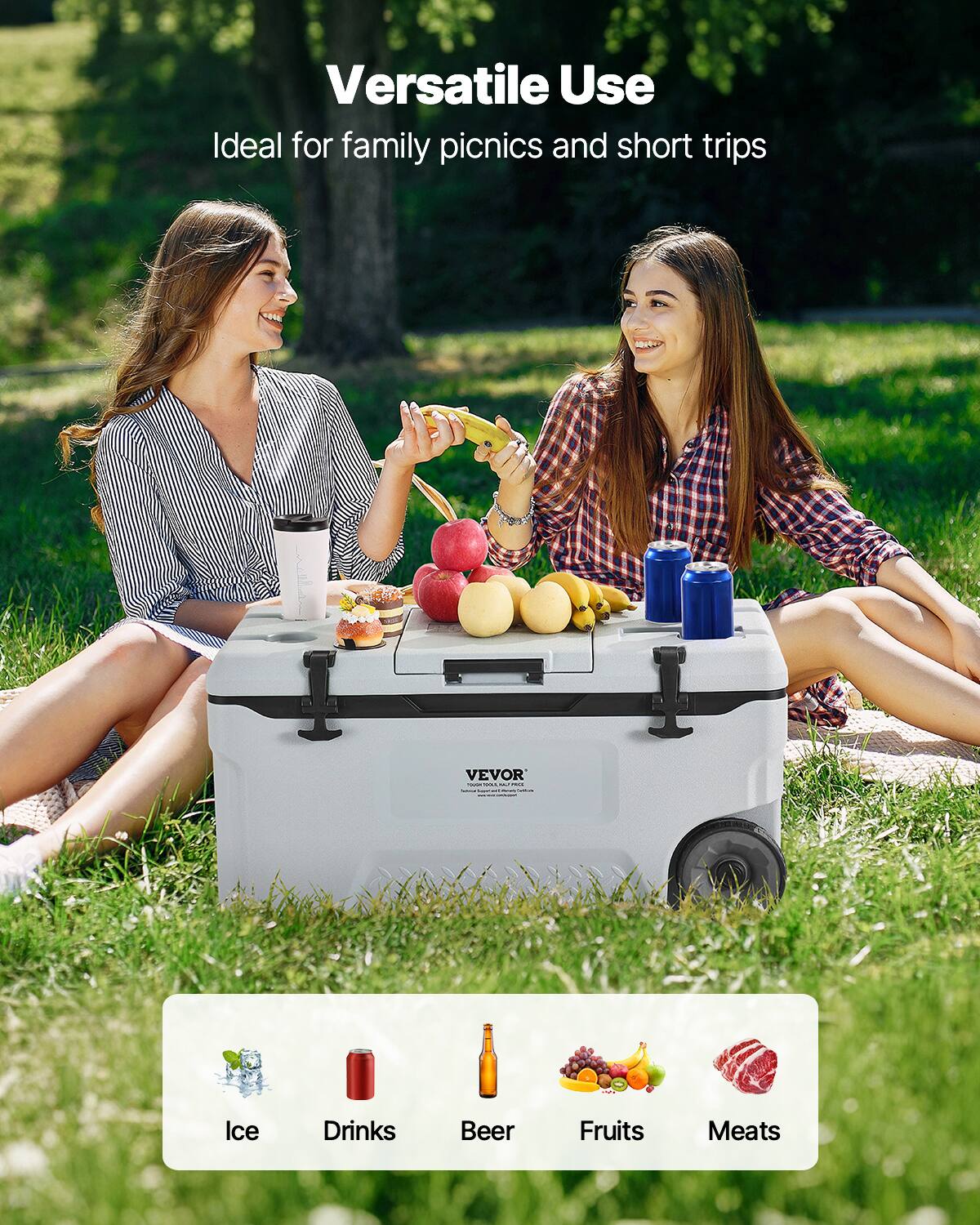 Versatile Use  
Ideal for family picnics and short trips  

Ice  
Drinks  
Beer  
Fruits  
Meats